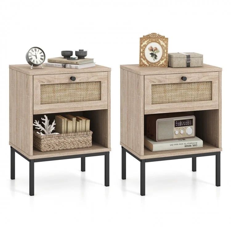 Boho Rattan Nightstand with Drawer and Open Shelf - Oak End Table