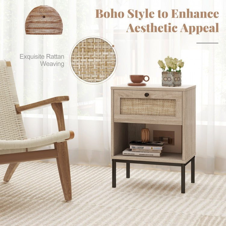 Boho Rattan Nightstand with Drawer and Open Shelf - Oak End Table