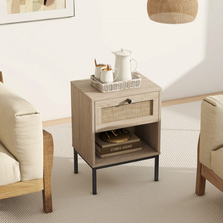 Boho Rattan Nightstand with Drawer and Open Shelf - Oak End Table