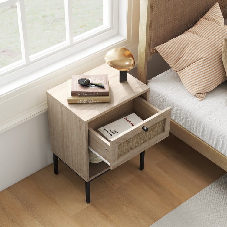 Boho Rattan Nightstand with Drawer and Open Shelf - Oak End Table