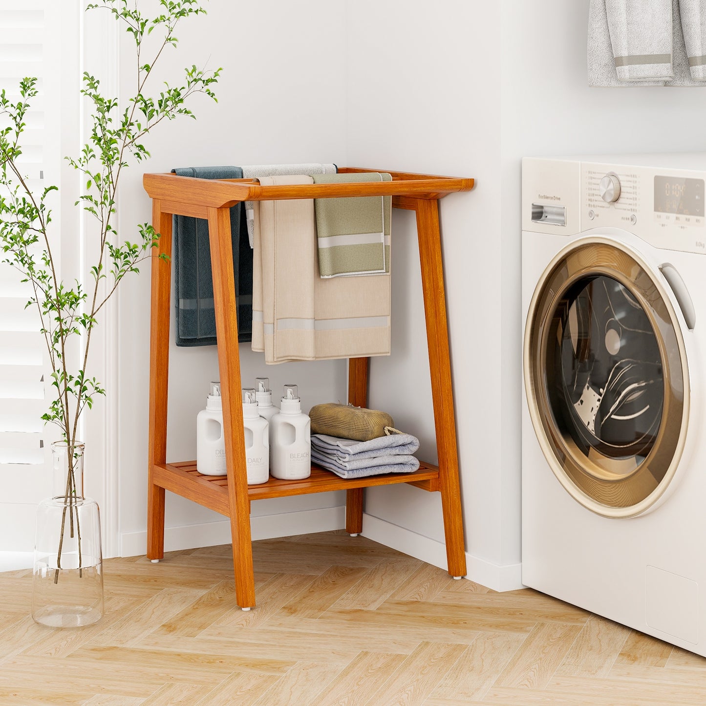 Premium Teak 5 Bar Freestanding Towel Rack with Storage Shelf
