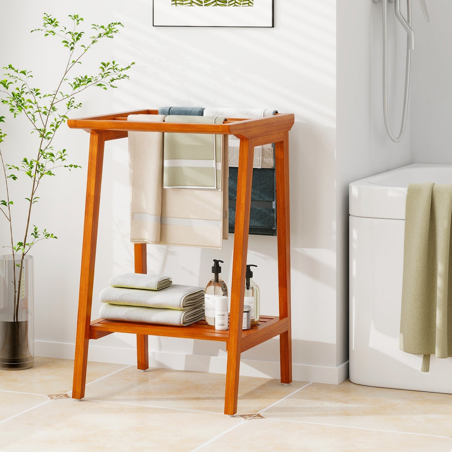 Premium Teak 5 Bar Freestanding Towel Rack with Storage Shelf