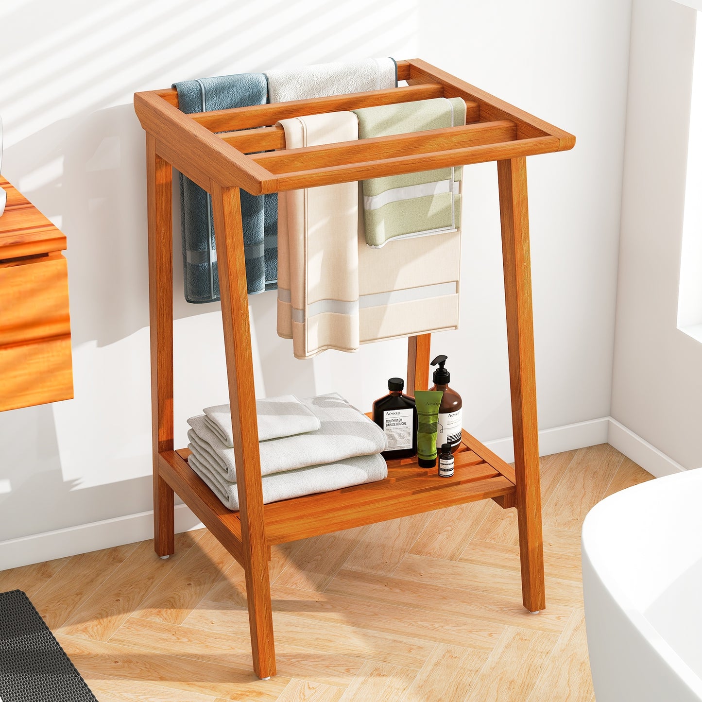 Premium Teak 5 Bar Freestanding Towel Rack with Storage Shelf
