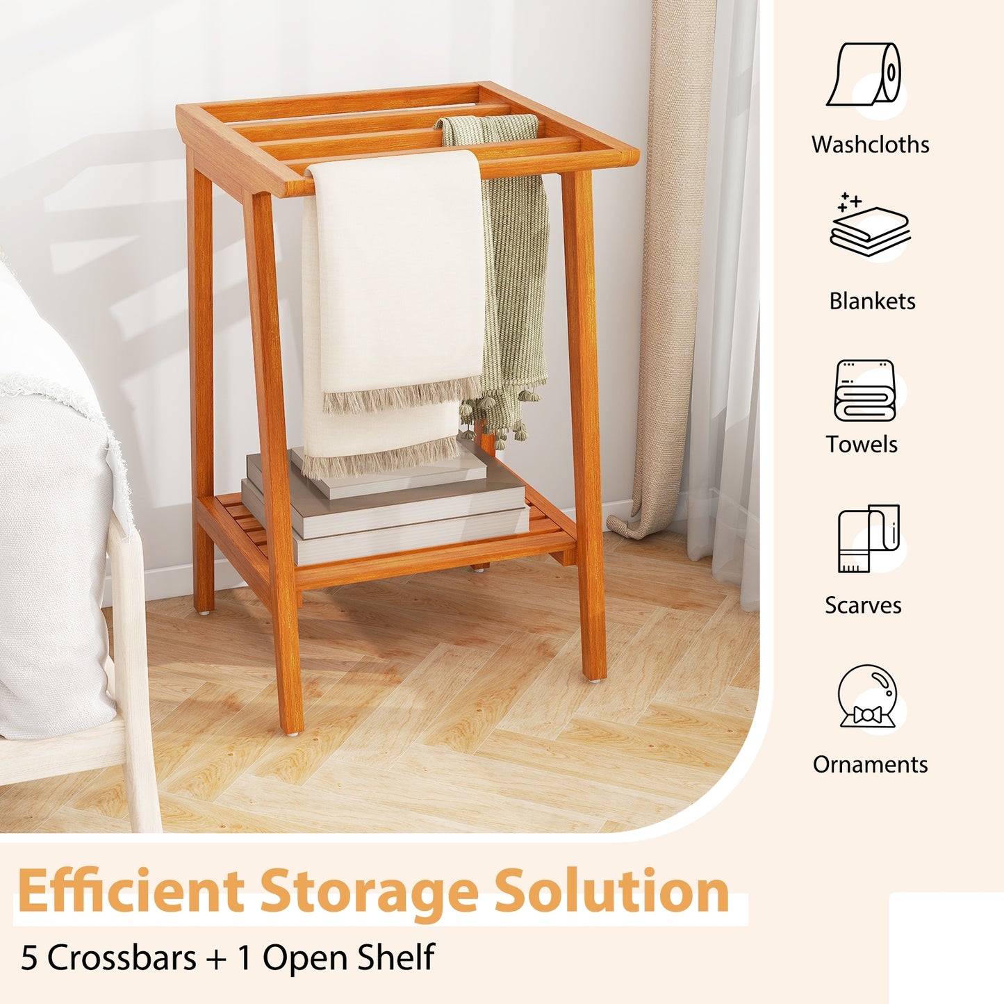 Premium Teak 5 Bar Freestanding Towel Rack with Storage Shelf
