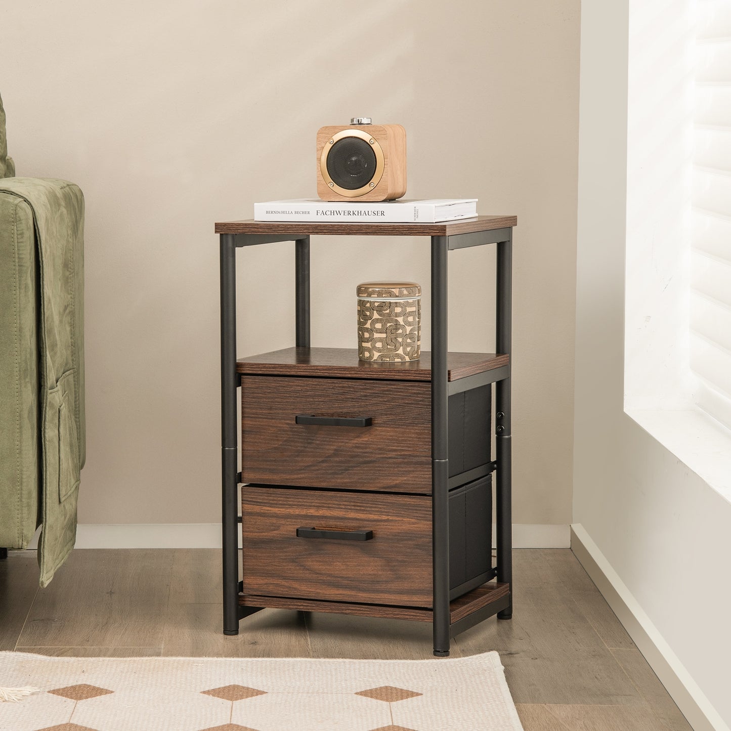 Set of 2 Bedside Tables with Fabric Drawers and Metal Frame, Storage Nightstands