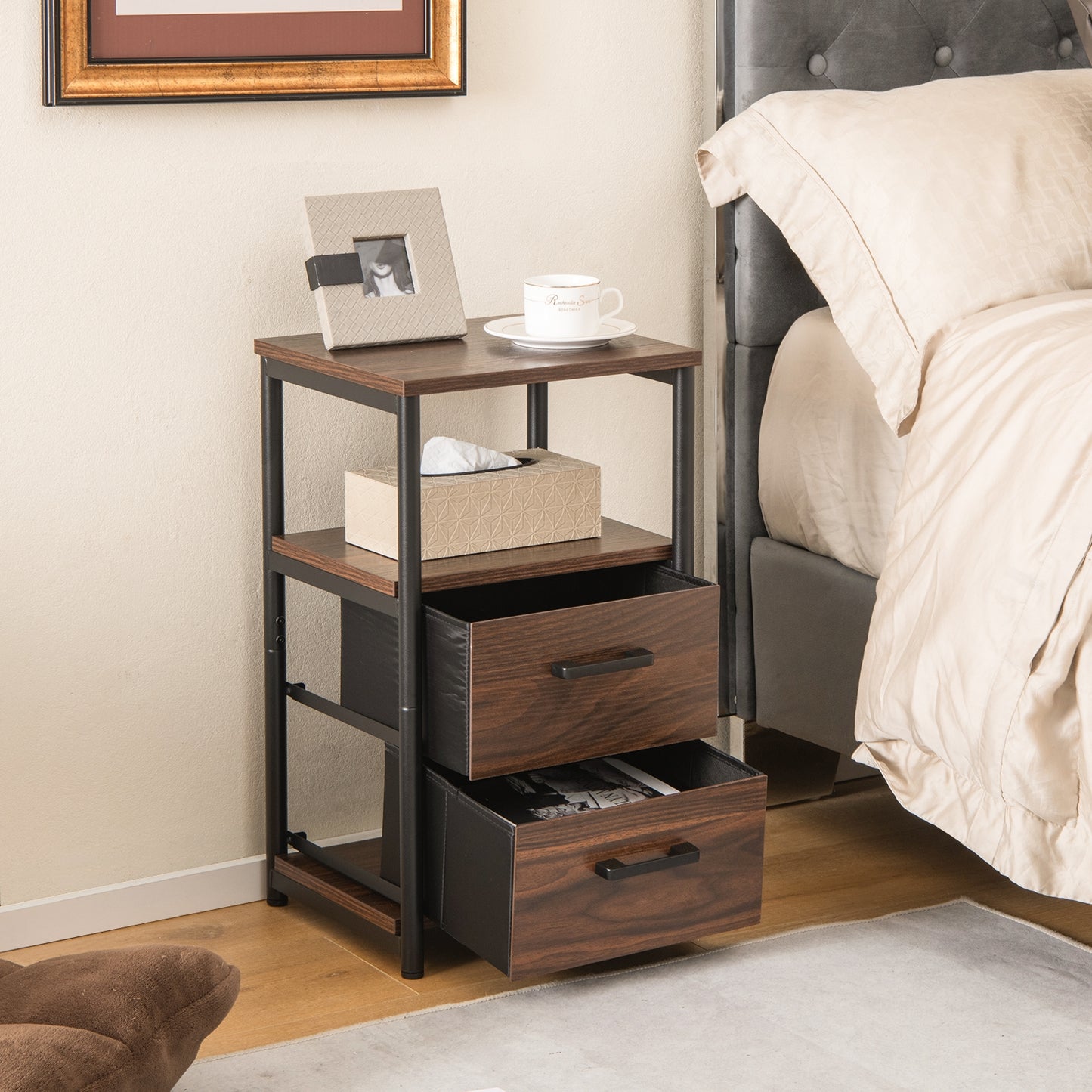 Set of 2 Bedside Tables with Fabric Drawers and Metal Frame, Storage Nightstands