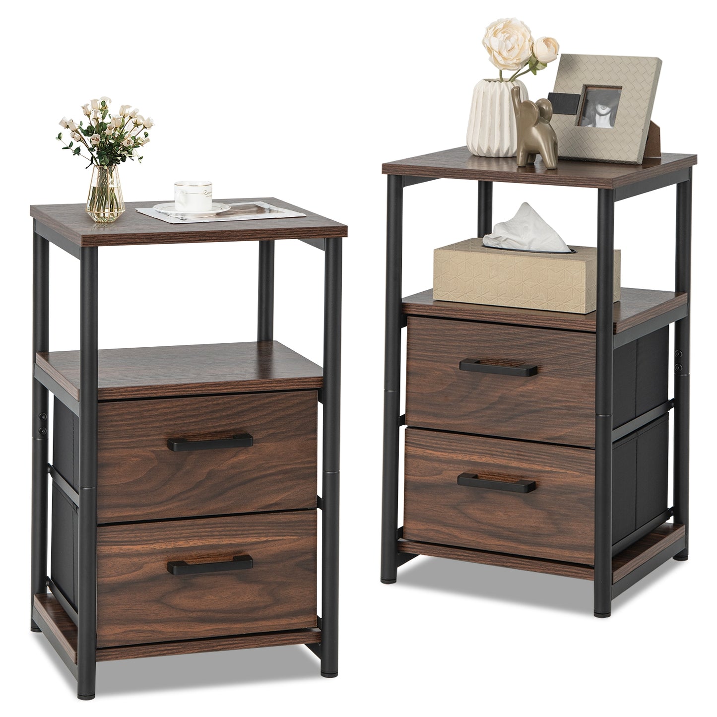 Set of 2 Bedside Tables with Fabric Drawers and Metal Frame, Storage Nightstands