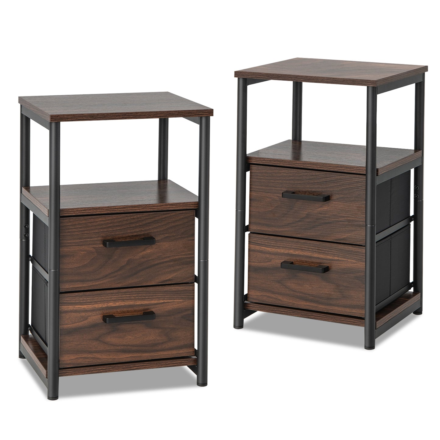 Set of 2 Bedside Tables with Fabric Drawers and Metal Frame, Storage Nightstands