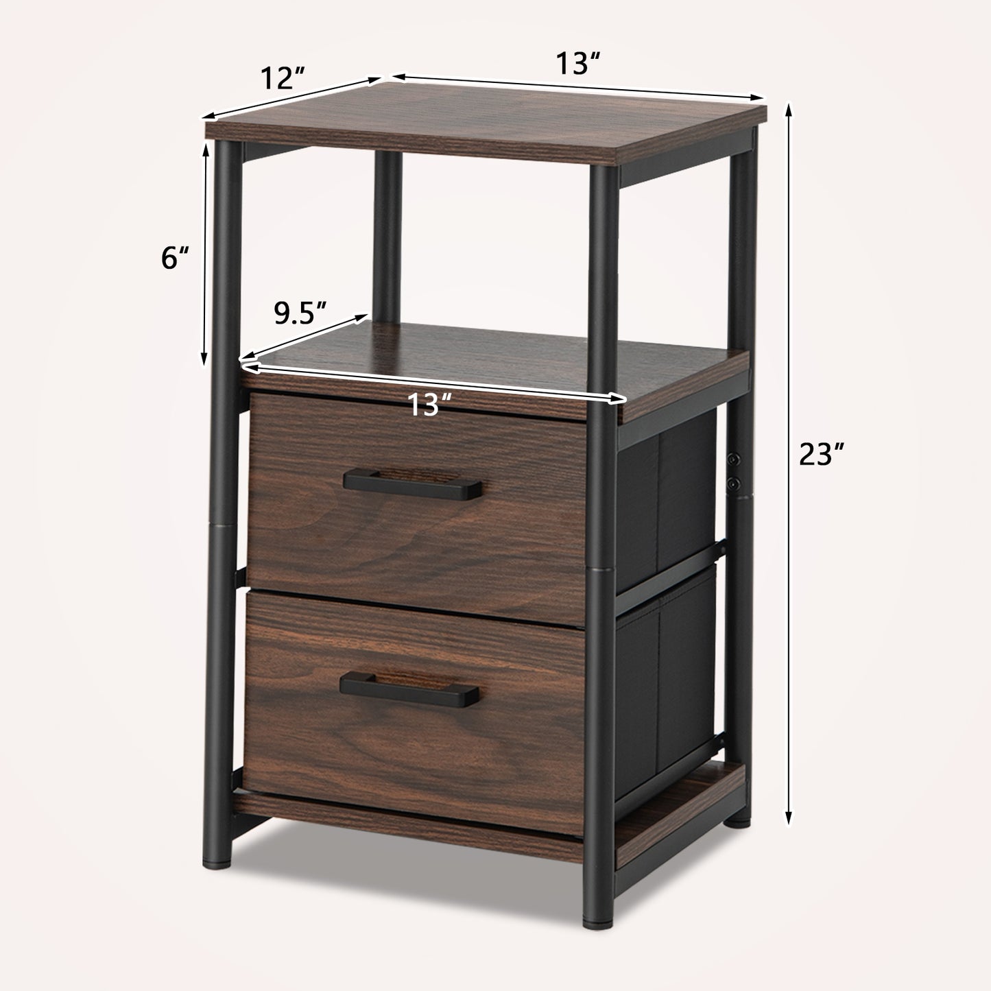 Set of 2 Bedside Tables with Fabric Drawers and Metal Frame, Storage Nightstands