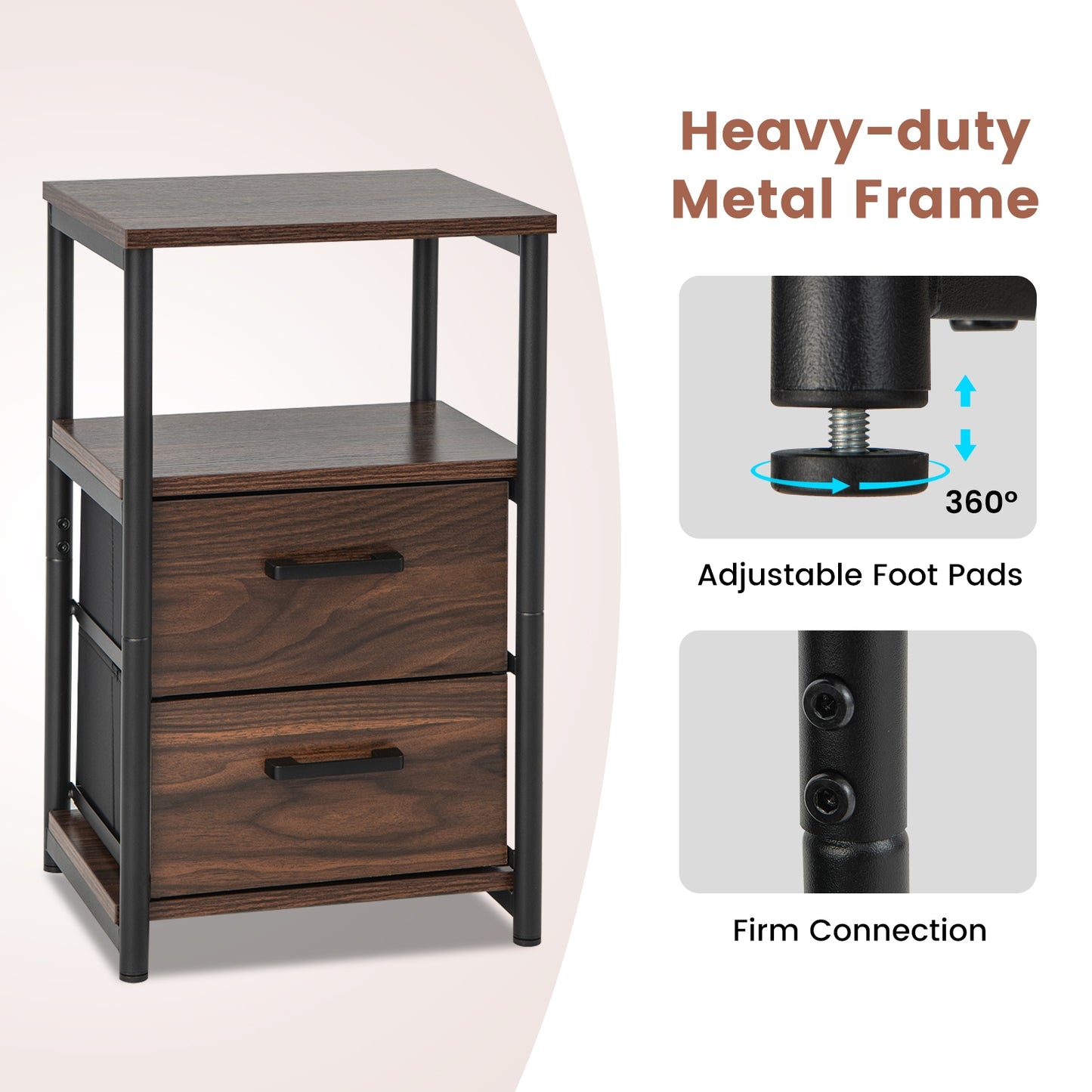 Set of 2 Bedside Tables with Fabric Drawers and Metal Frame, Storage Nightstands