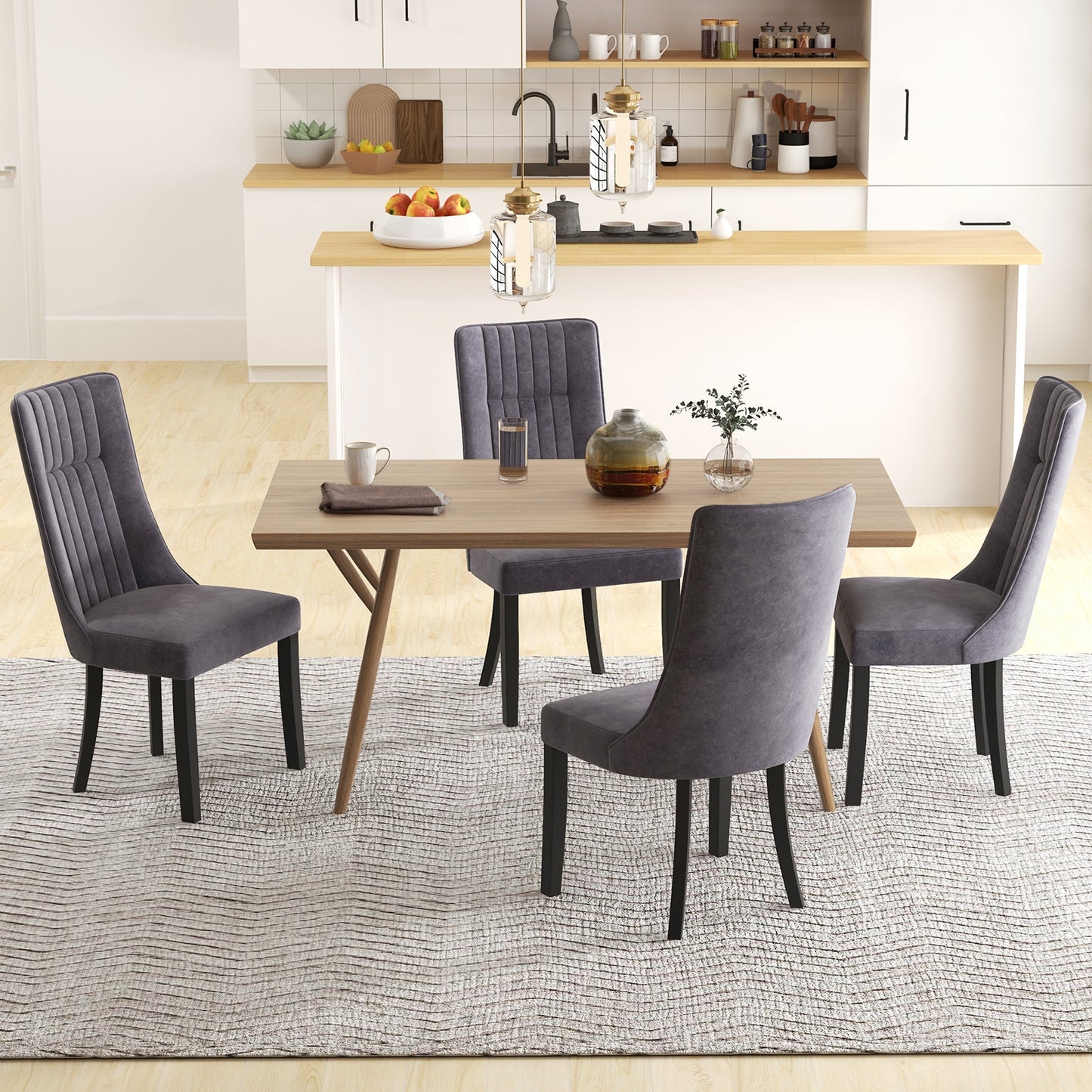 Velvet Upholstered Dining Chairs with High Tufted Back and Wood Legs Set of 2