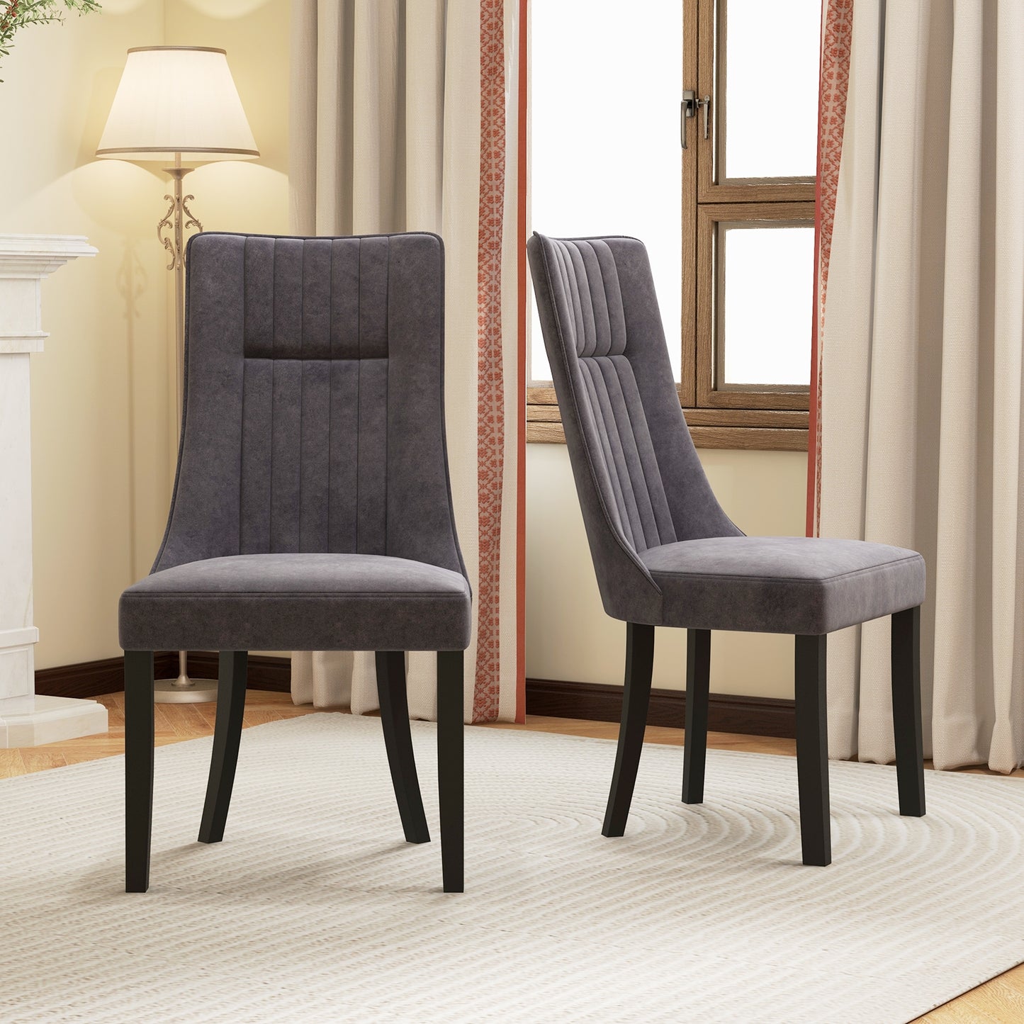 Velvet Upholstered Dining Chairs with High Tufted Back and Wood Legs Set of 2