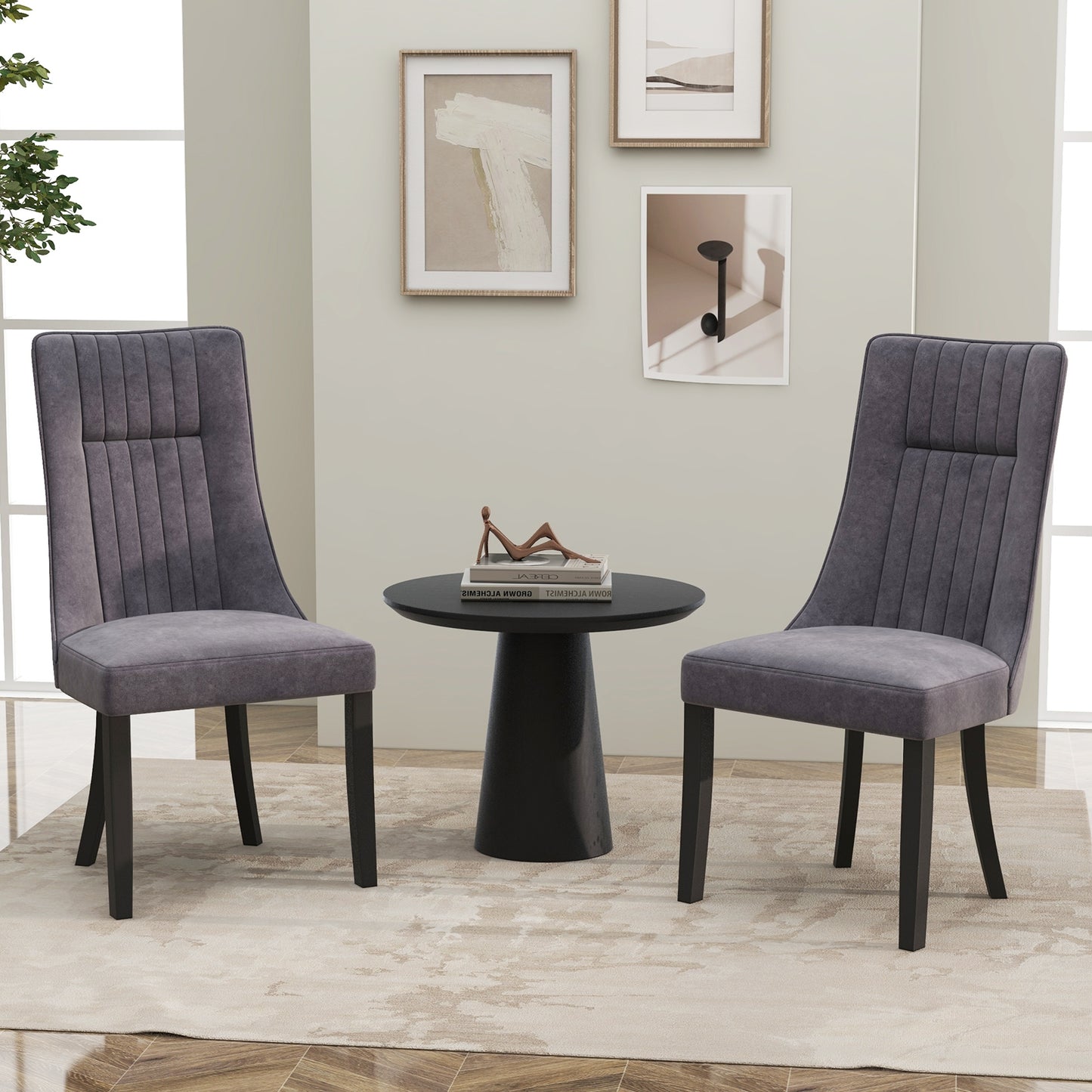 Velvet Upholstered Dining Chairs with High Tufted Back and Wood Legs Set of 2