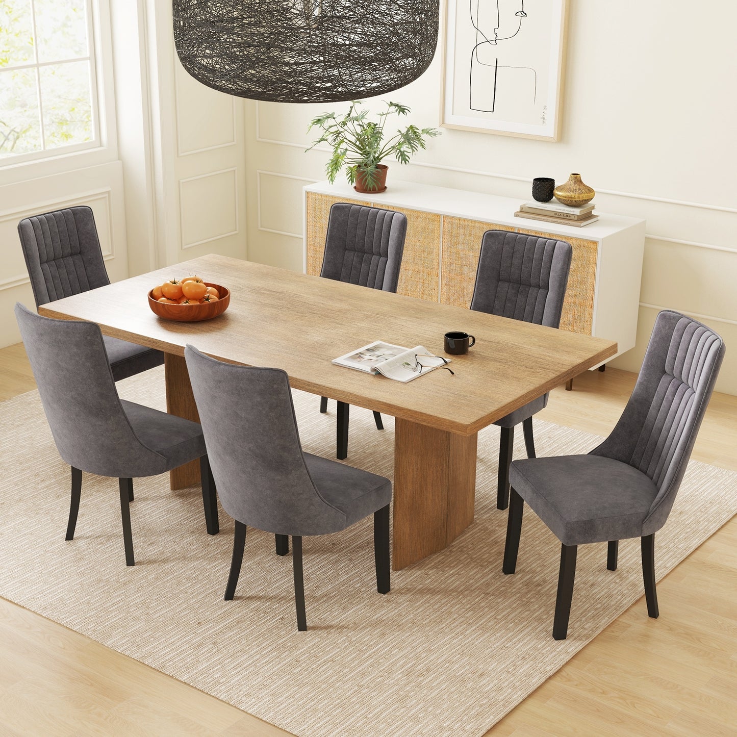 Velvet Upholstered Dining Chairs with High Tufted Back and Wood Legs Set of 2
