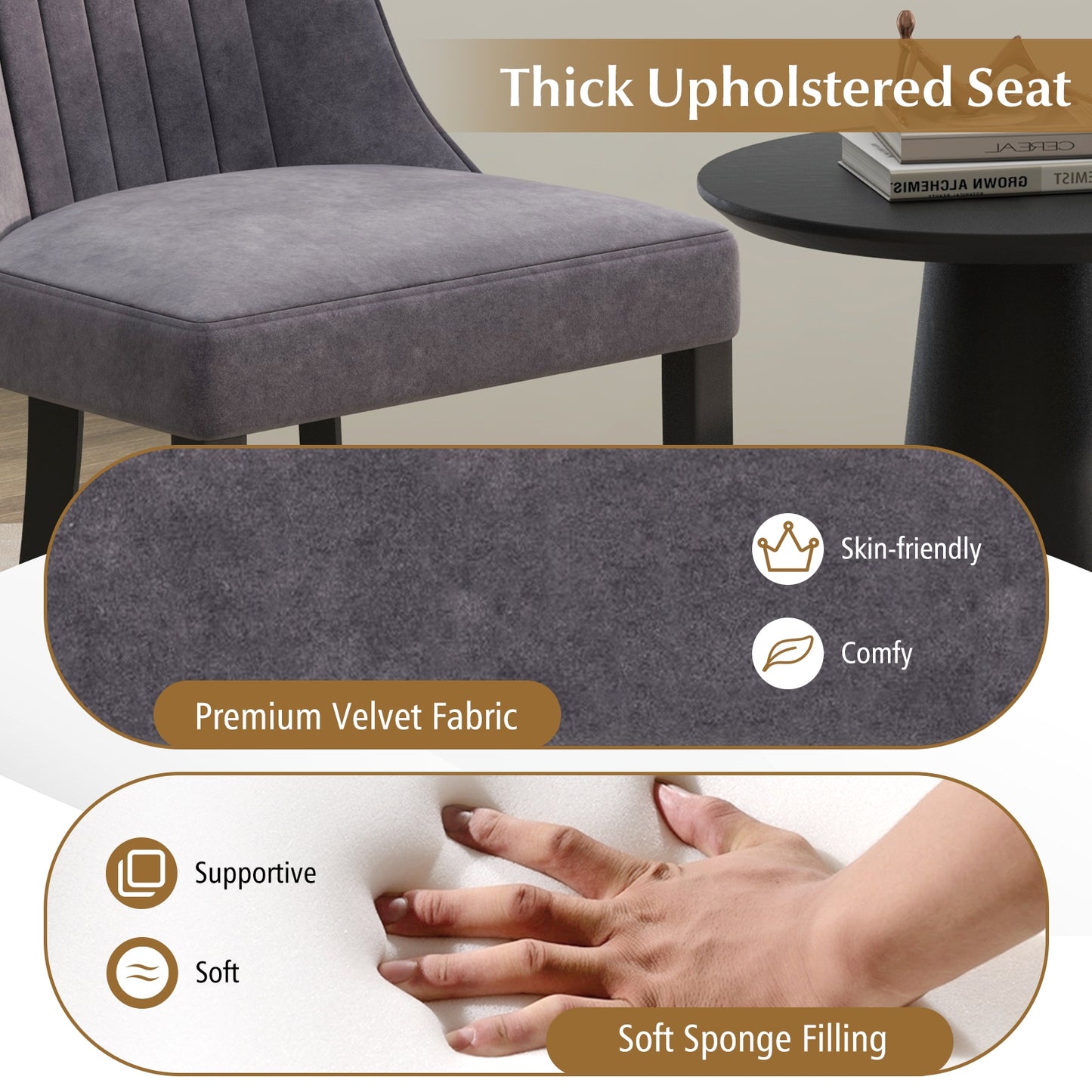Velvet Upholstered Dining Chairs with High Tufted Back and Wood Legs Set of 2