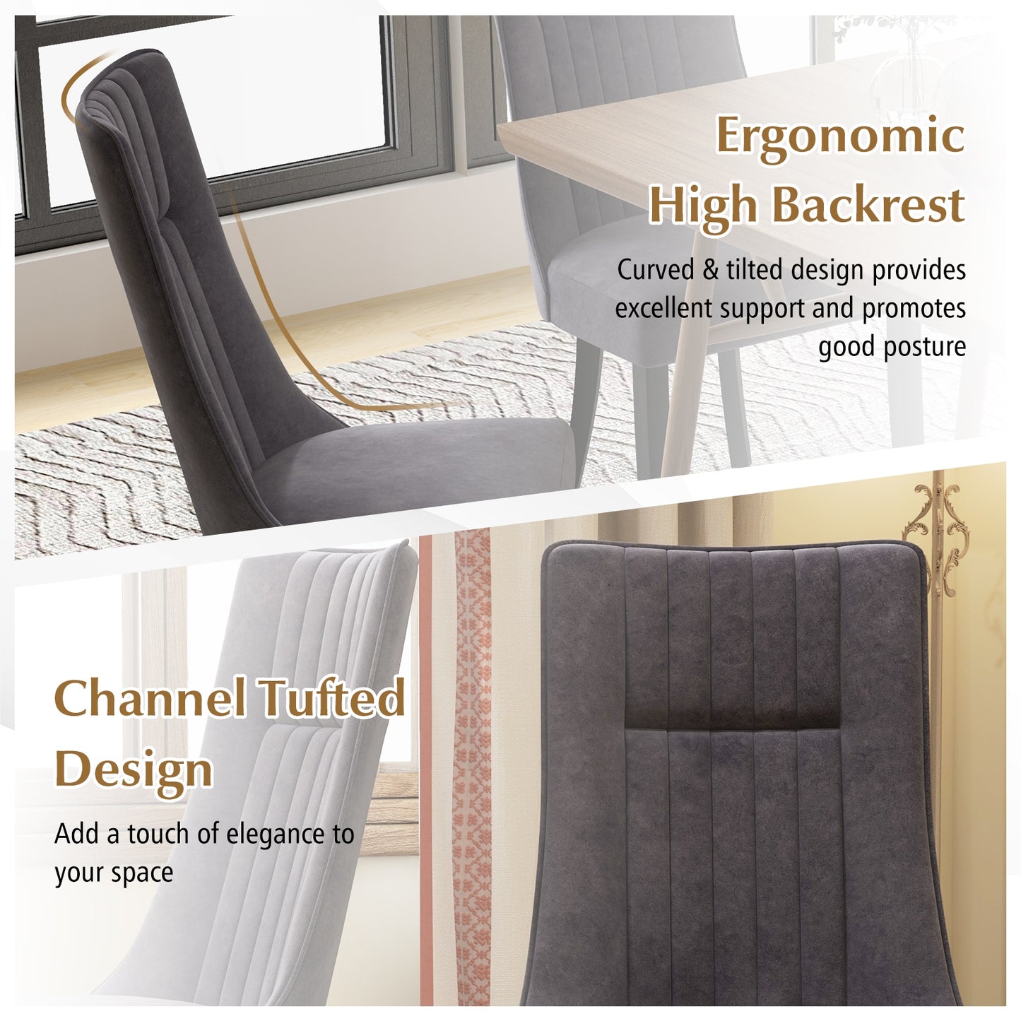 Velvet Upholstered Dining Chairs with High Tufted Back and Wood Legs Set of 2