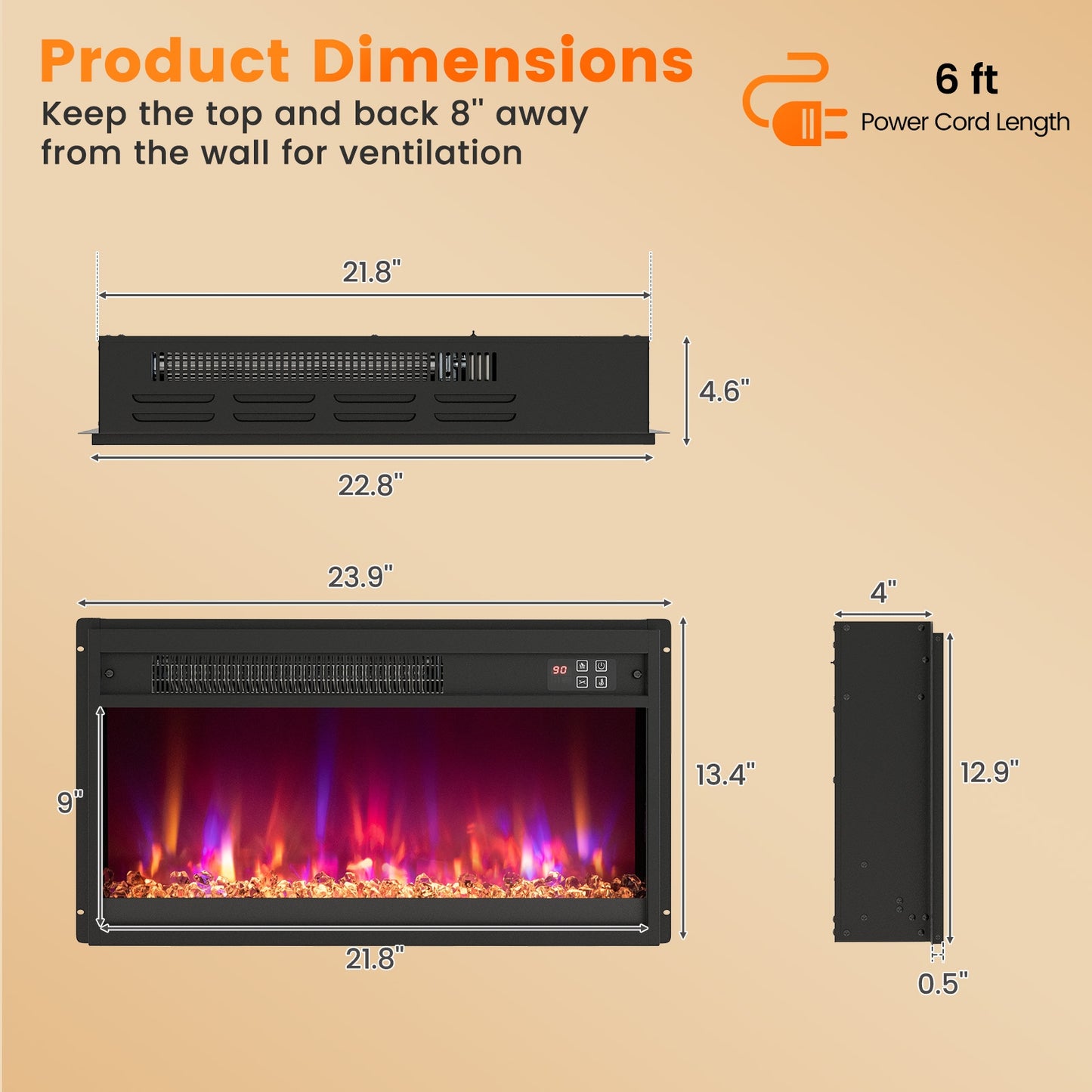 18/23/26 Inch 1500W Electric Fireplace Insert with Remote & Customizable Flame Effects