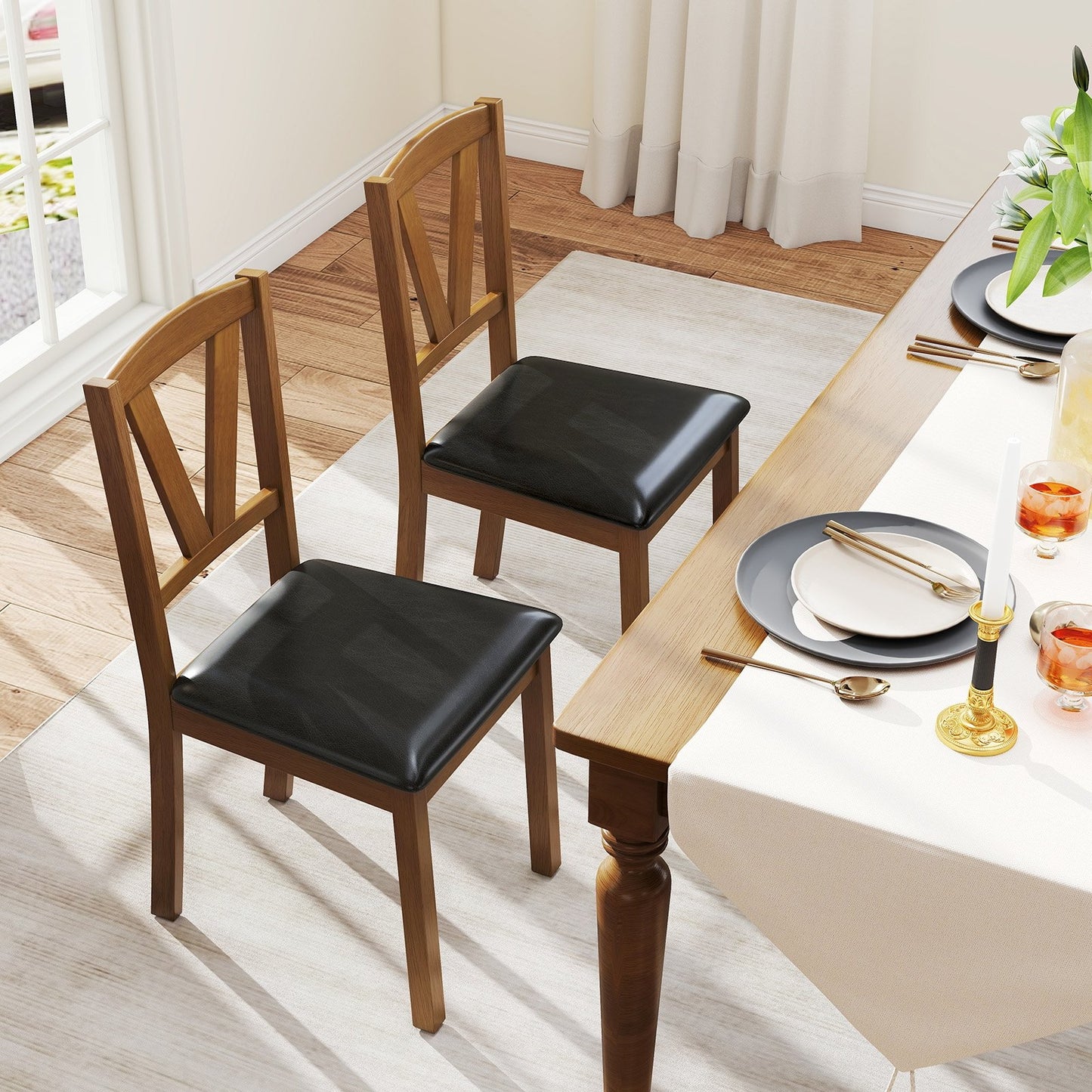 Dining Chairs with V-Shaped Back and PU Leather Upholstered Cushions Set of 2