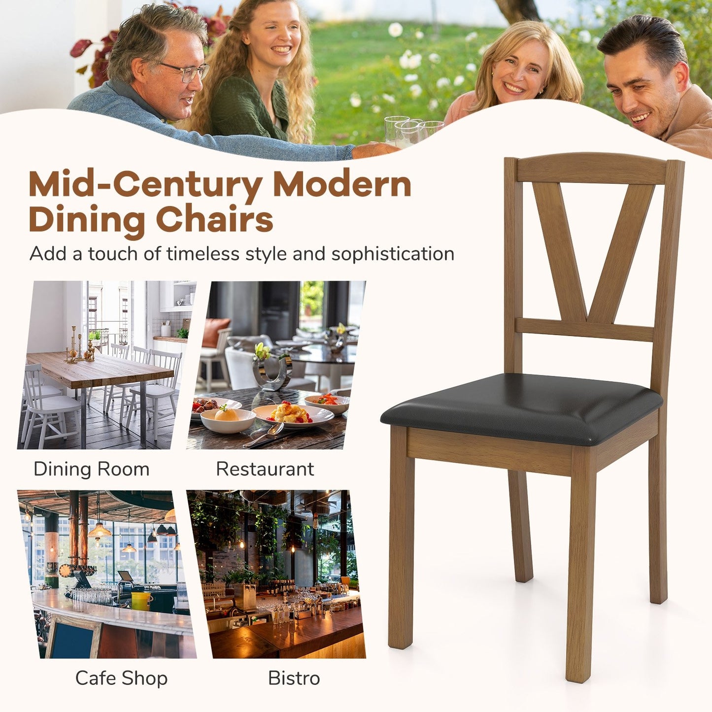Dining Chairs with V-Shaped Back and PU Leather Upholstered Cushions Set of 2
