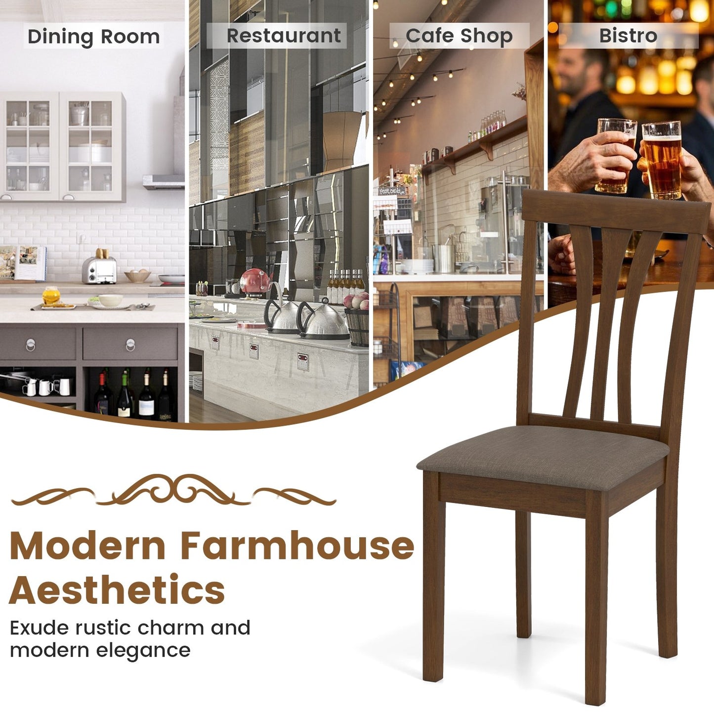 Elegant Linen Upholstered Wooden Dining Chairs with Curved Back Design Set of 2