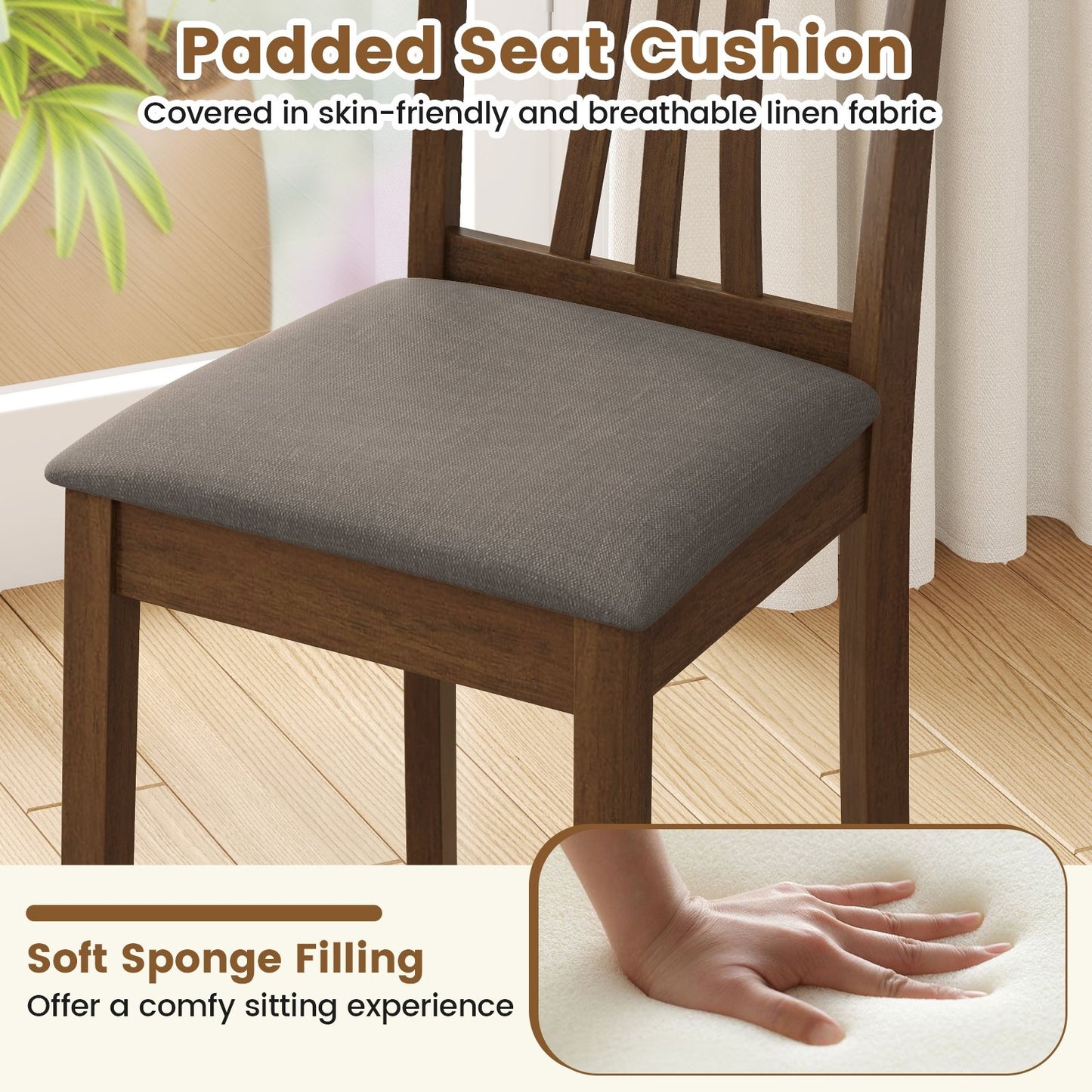 Elegant Linen Upholstered Wooden Dining Chairs with Curved Back Design Set of 2