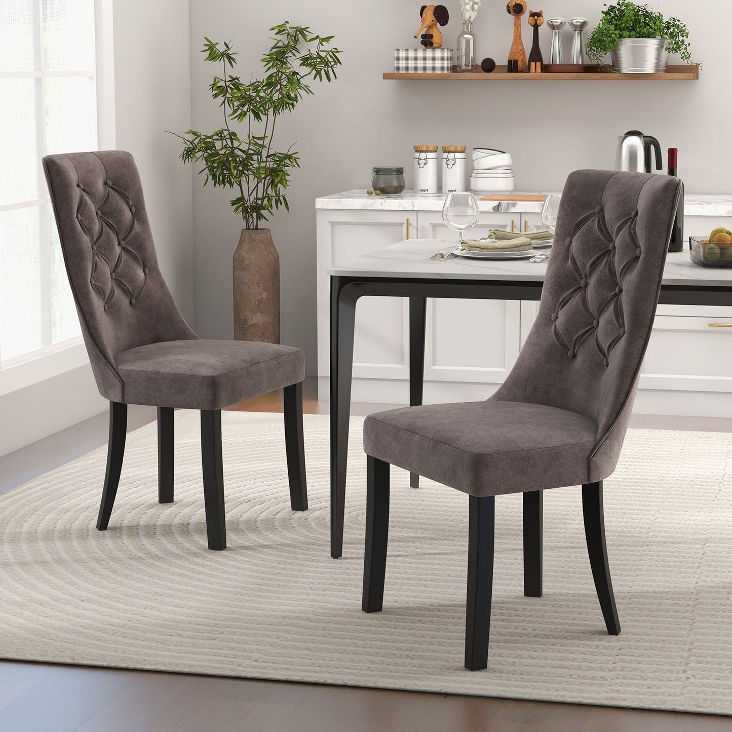 Velvet Upholstered Dining Chairs with Tufted High Back and Cushioned Seat Set of 2