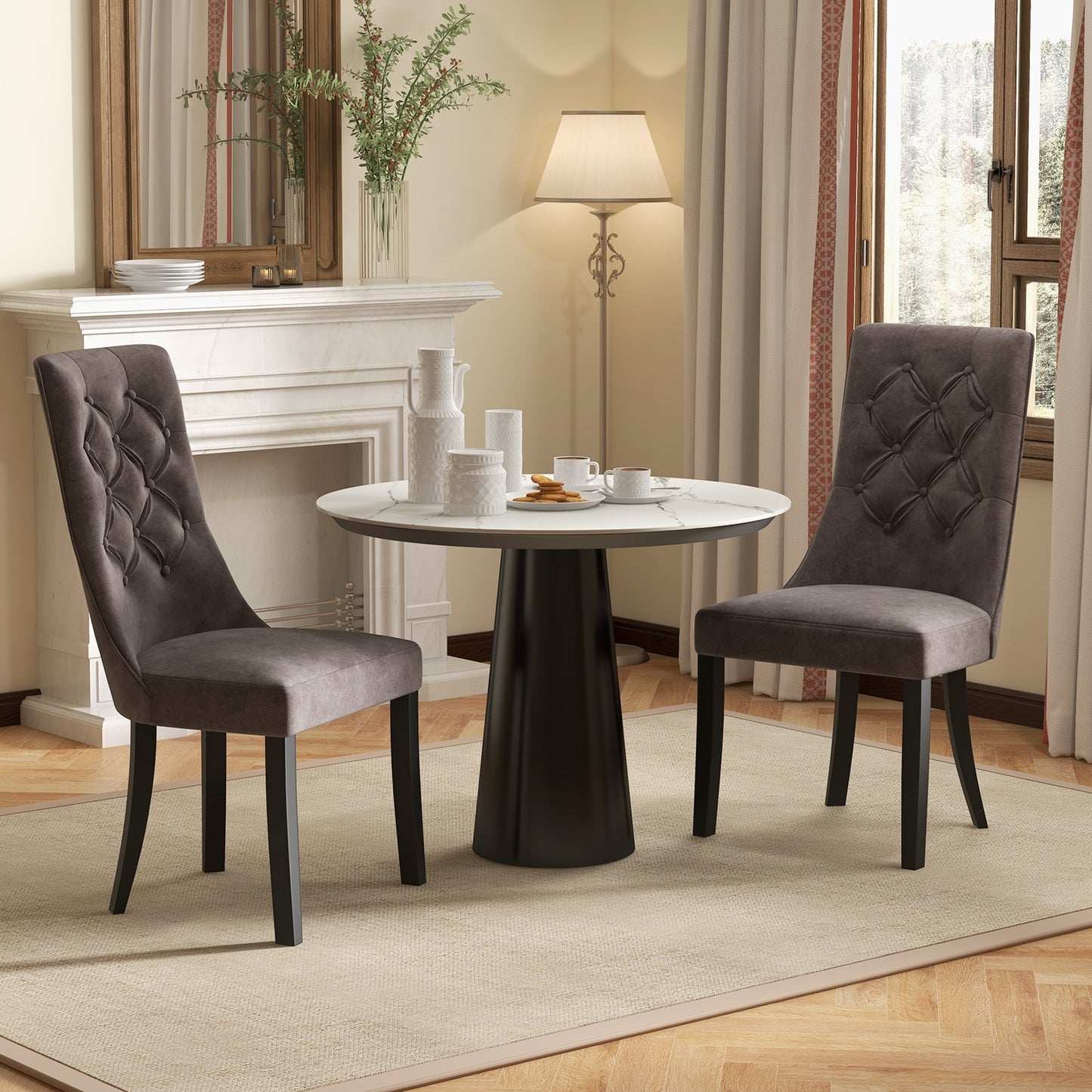 Velvet Upholstered Dining Chairs with Tufted High Back and Cushioned Seat Set of 2