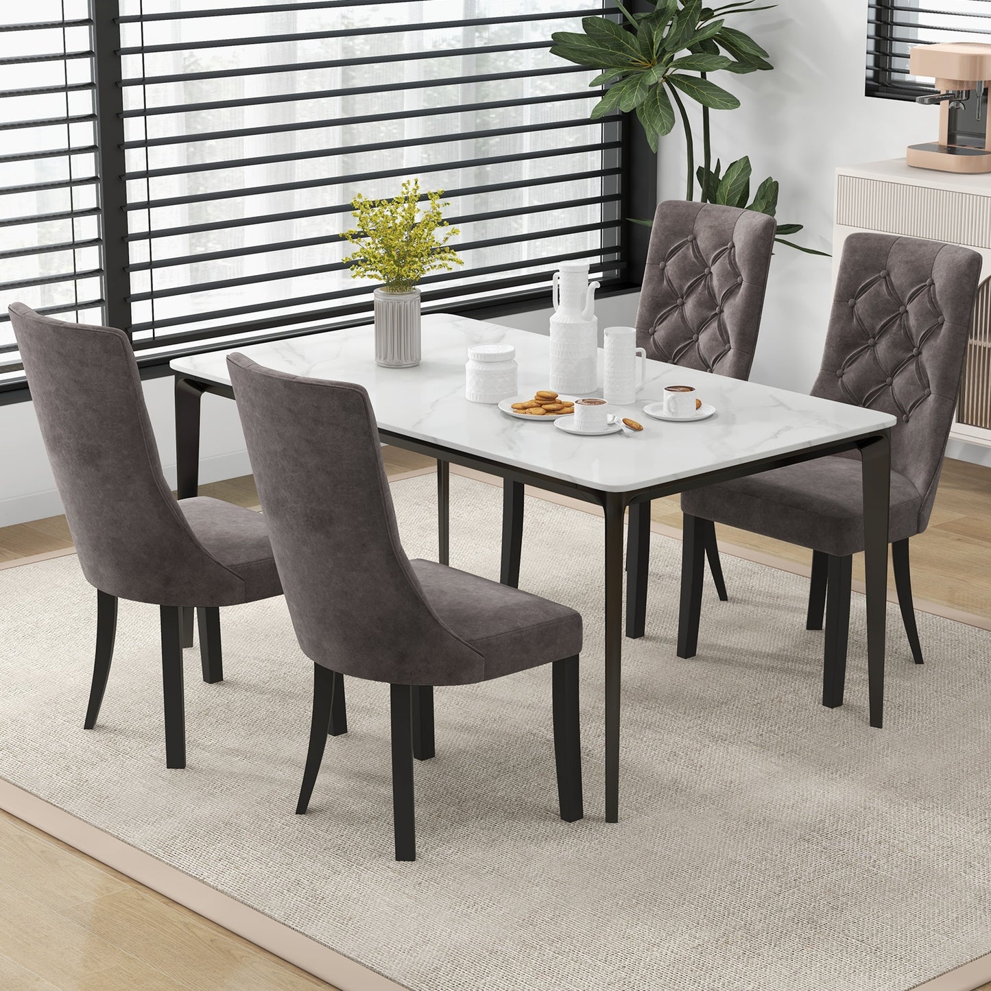 Velvet Upholstered Dining Chairs with Tufted High Back and Cushioned Seat Set of 2