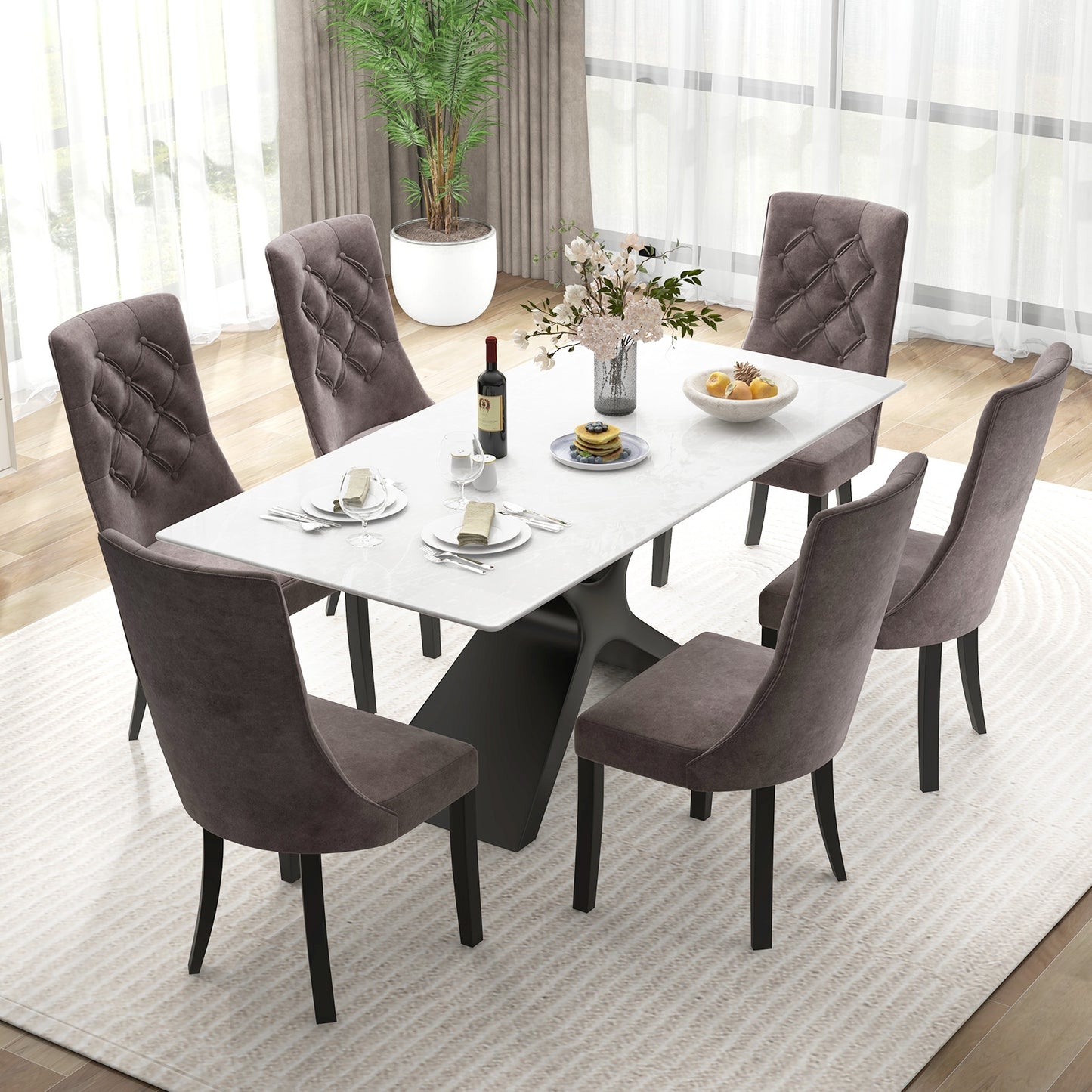 Velvet Upholstered Dining Chairs with Tufted High Back and Cushioned Seat Set of 2