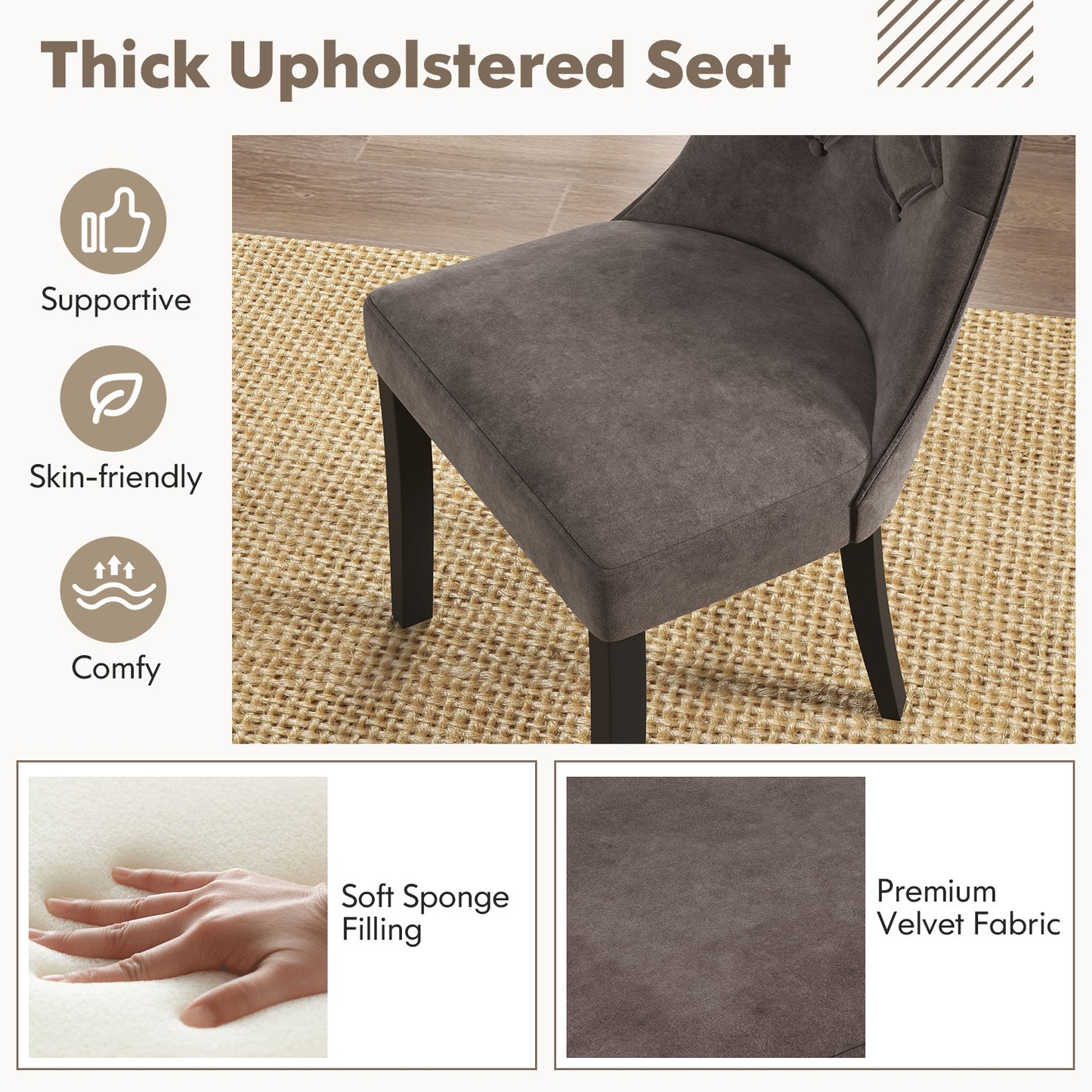 Velvet Upholstered Dining Chairs with Tufted High Back and Cushioned Seat Set of 2