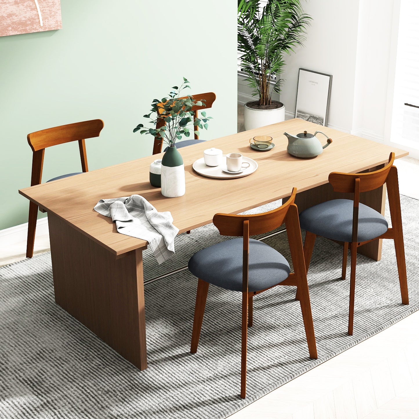Mid-Century Modern Dining Chairs with Padded Linen Seats and Durable Rubber Wood Frame Set of 2