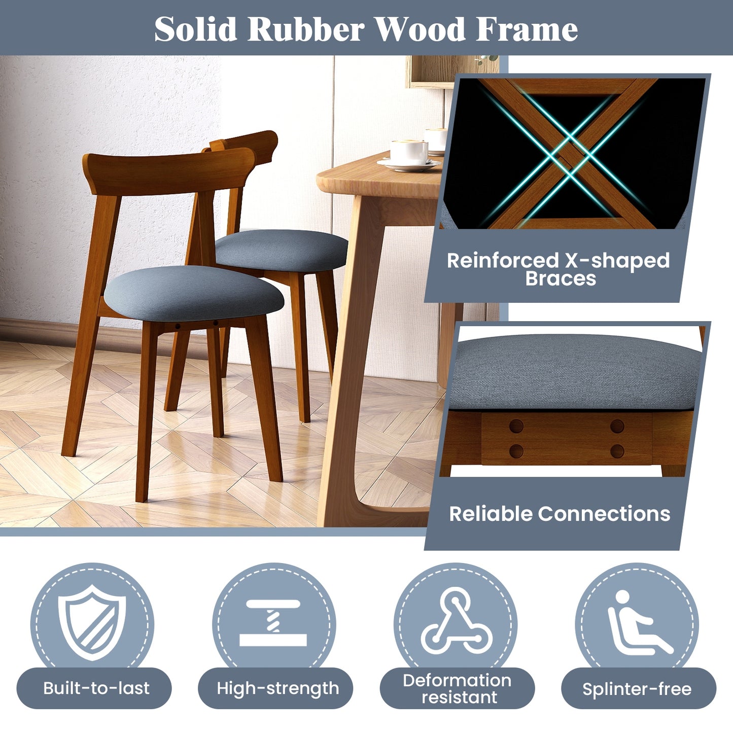 Mid-Century Modern Dining Chairs with Padded Linen Seats and Durable Rubber Wood Frame Set of 2
