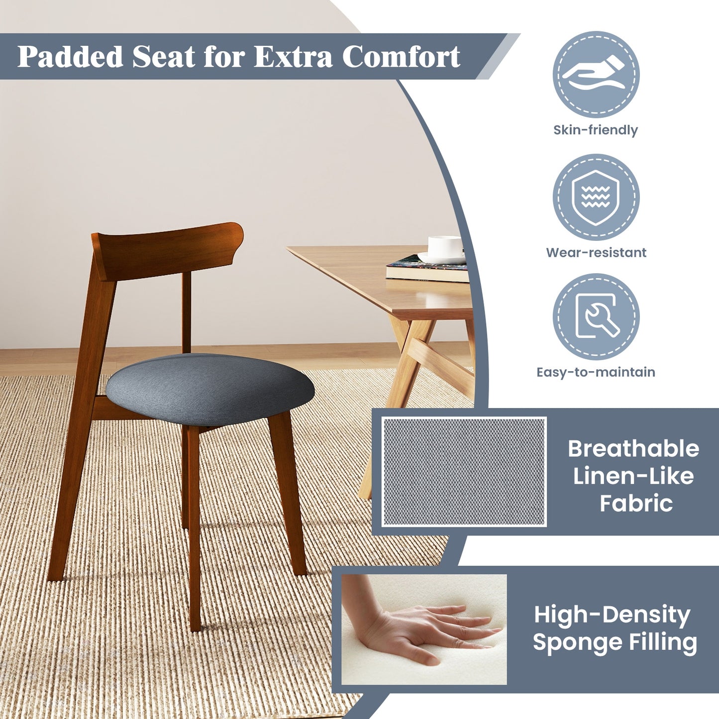 Mid-Century Modern Dining Chairs with Padded Linen Seats and Durable Rubber Wood Frame Set of 2