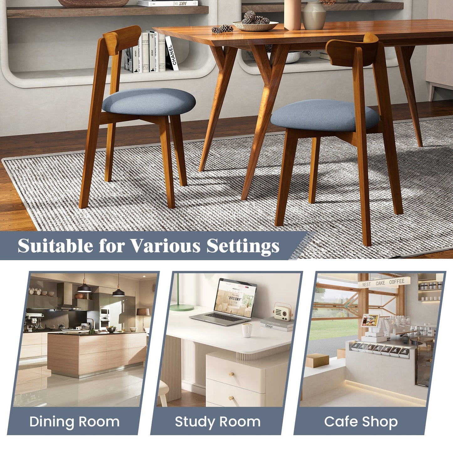 Mid-Century Modern Dining Chairs with Padded Linen Seats and Durable Rubber Wood Frame Set of 2
