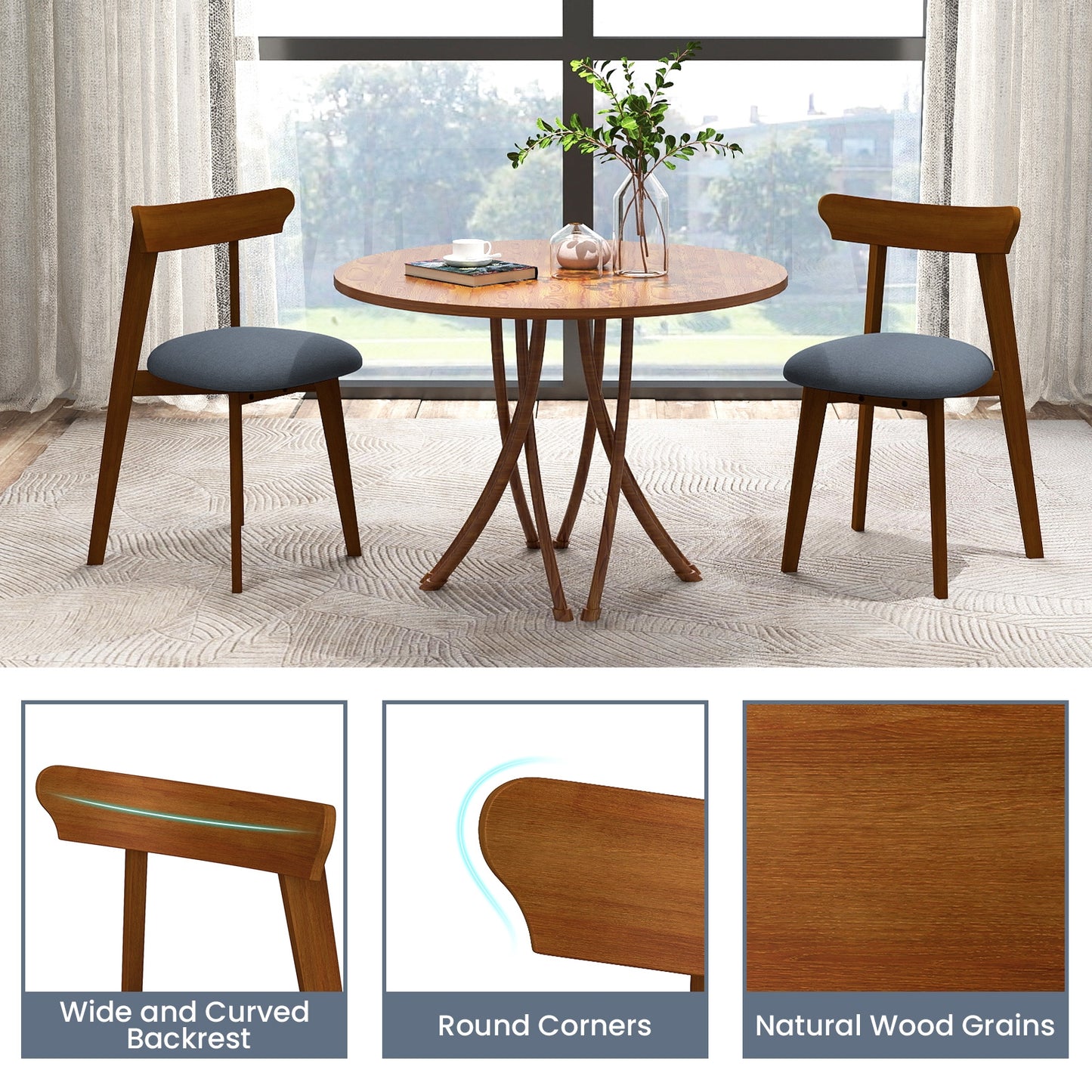 Mid-Century Modern Dining Chairs with Padded Linen Seats and Durable Rubber Wood Frame Set of 2