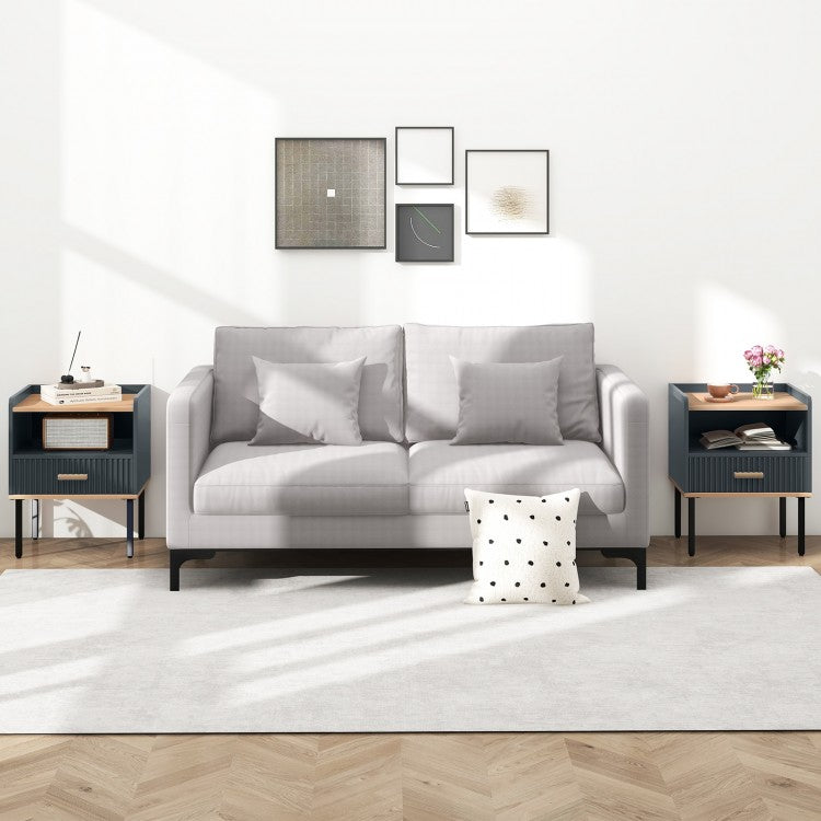 Grey Nightstand with Storage Drawer and Shelf for Bedroom or Living Room