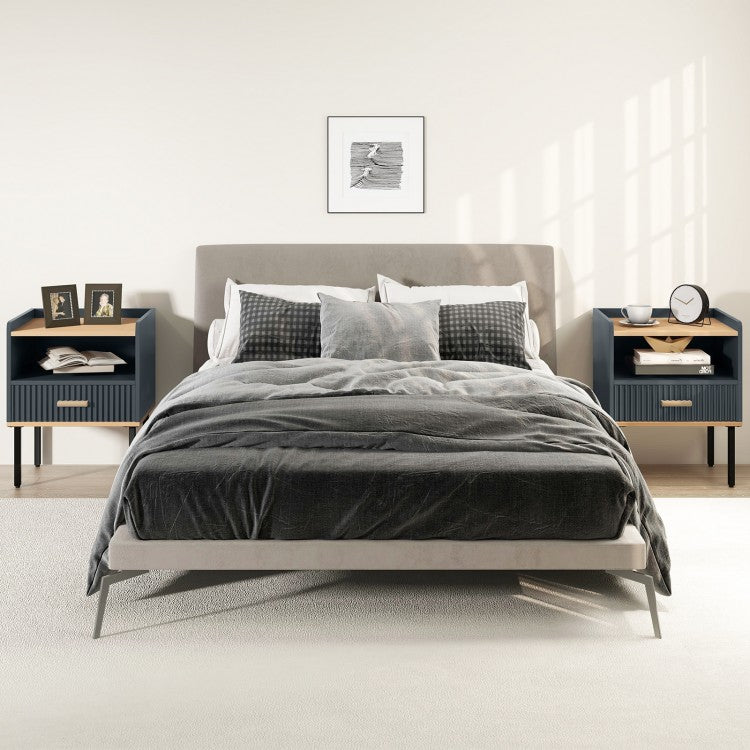 Grey Nightstand with Storage Drawer and Shelf for Bedroom or Living Room