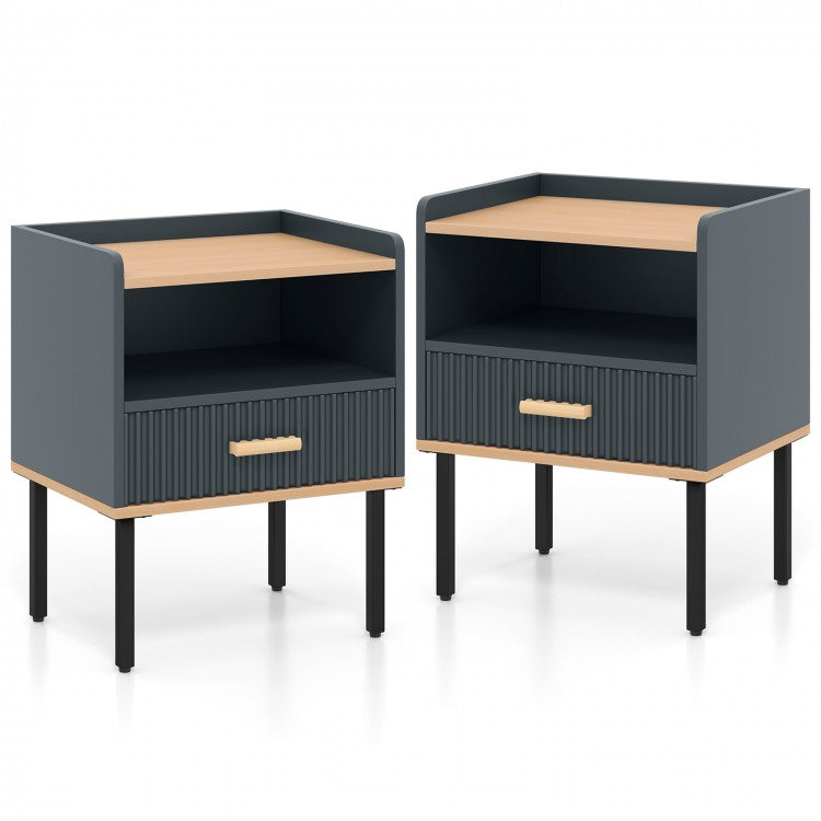 Grey Nightstand with Storage Drawer and Shelf for Bedroom or Living Room