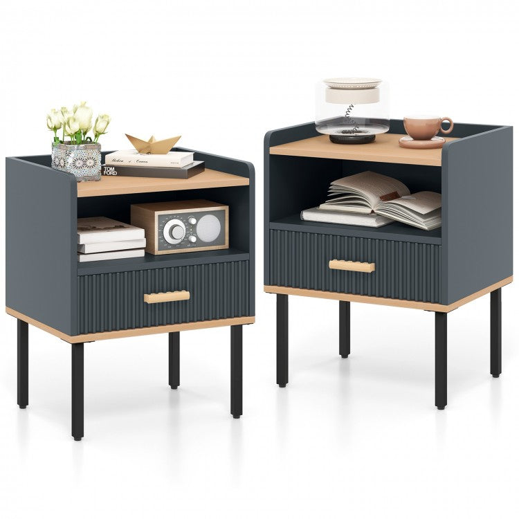 Grey Nightstand with Storage Drawer and Shelf for Bedroom or Living Room