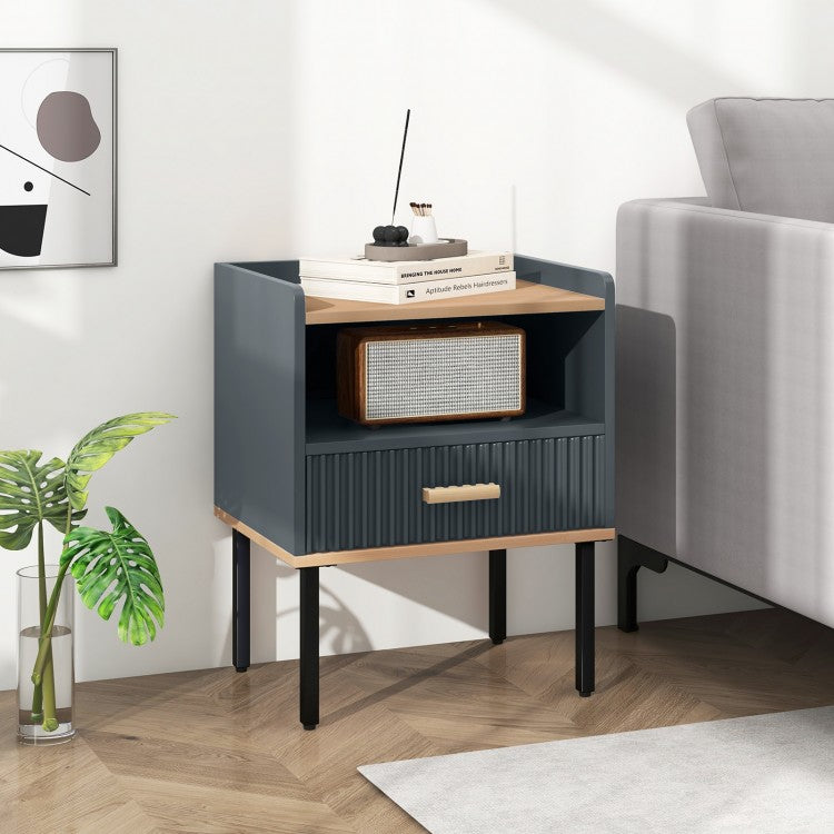 Grey Nightstand with Storage Drawer and Shelf for Bedroom or Living Room
