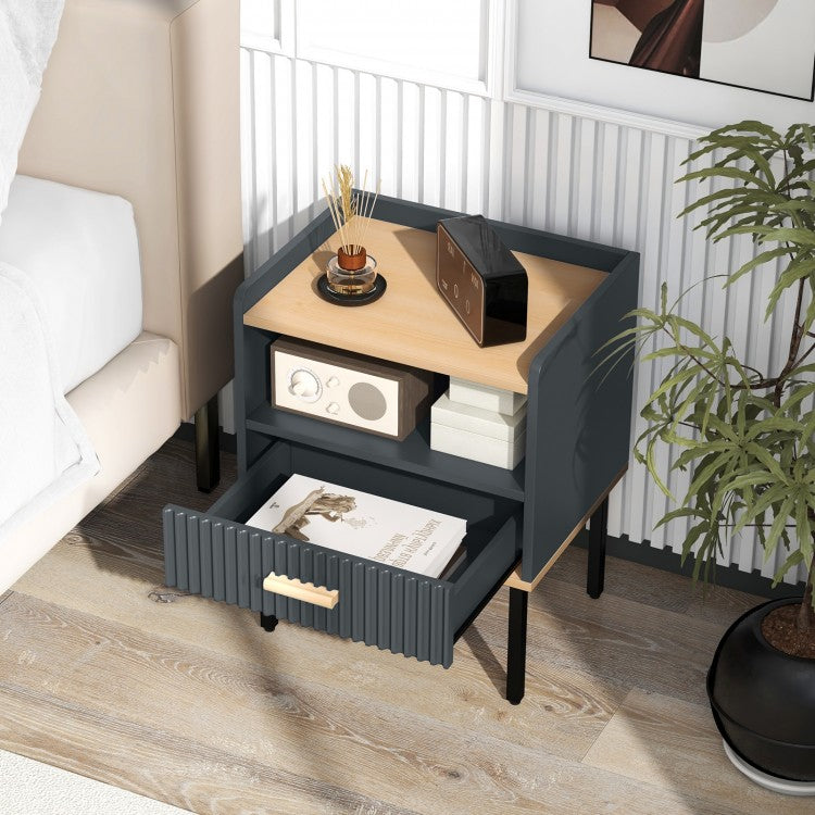 Grey Nightstand with Storage Drawer and Shelf for Bedroom or Living Room