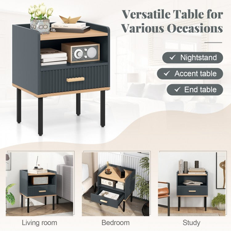 Grey Nightstand with Storage Drawer and Shelf for Bedroom or Living Room
