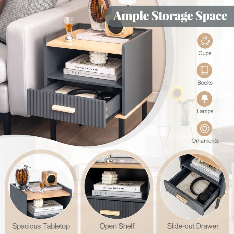 Grey Nightstand with Storage Drawer and Shelf for Bedroom or Living Room