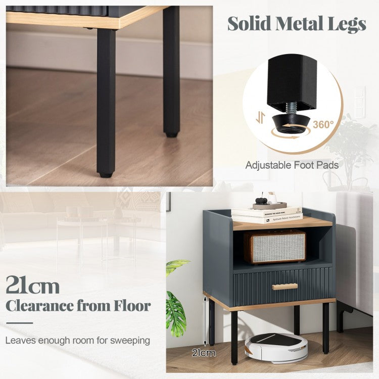Grey Nightstand with Storage Drawer and Shelf for Bedroom or Living Room