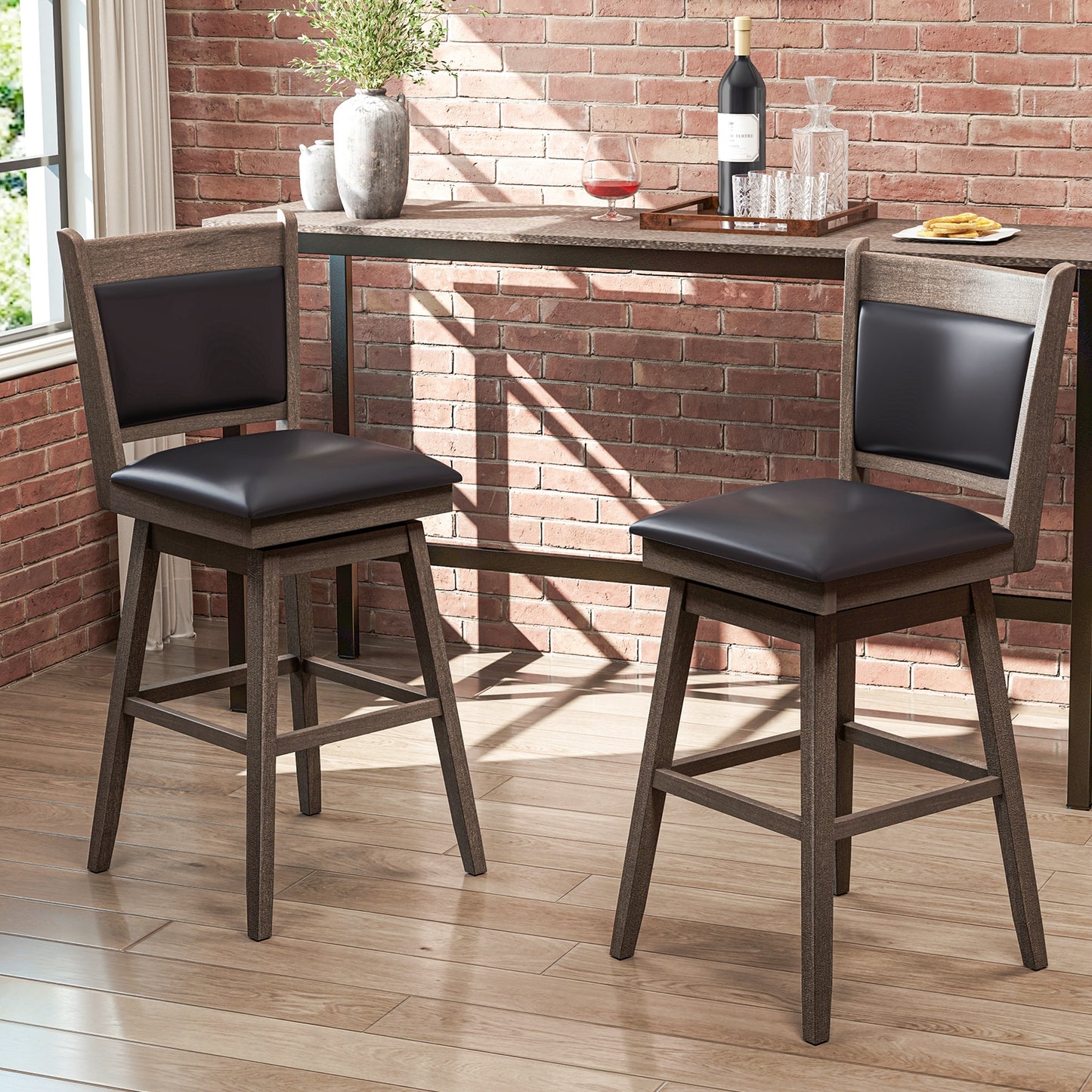 2-Piece Leather Padded Bar Stool Set with 29 Inch Swivel Seat and Footrest