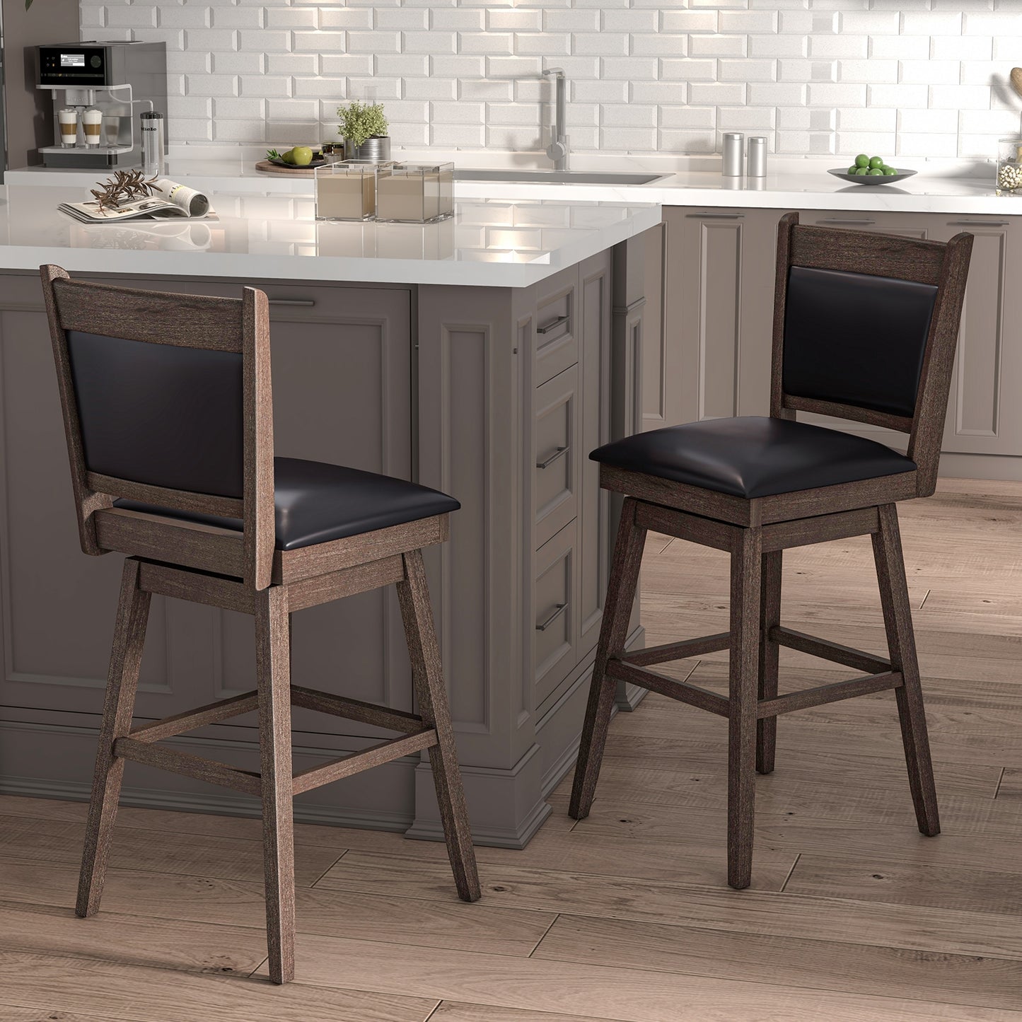 2-Piece Leather Padded Bar Stool Set with 29 Inch Swivel Seat and Footrest