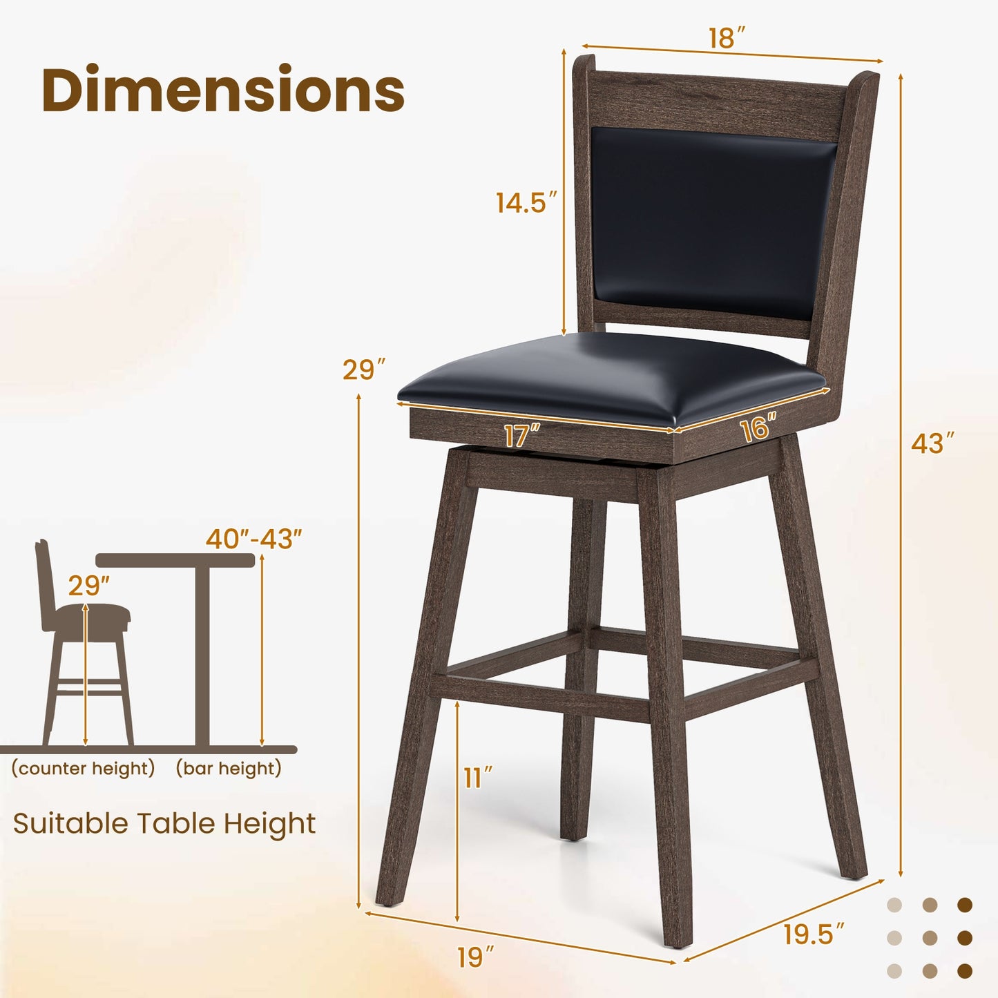 2-Piece Leather Padded Bar Stool Set with 29 Inch Swivel Seat and Footrest