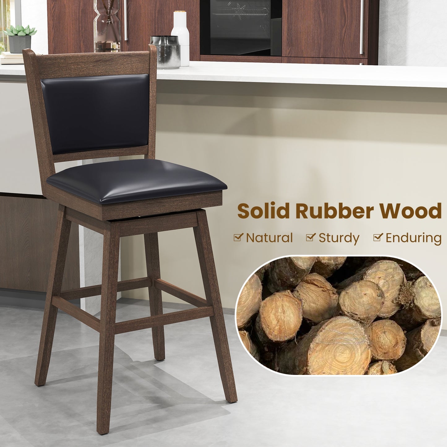 2-Piece Leather Padded Bar Stool Set with 29 Inch Swivel Seat and Footrest