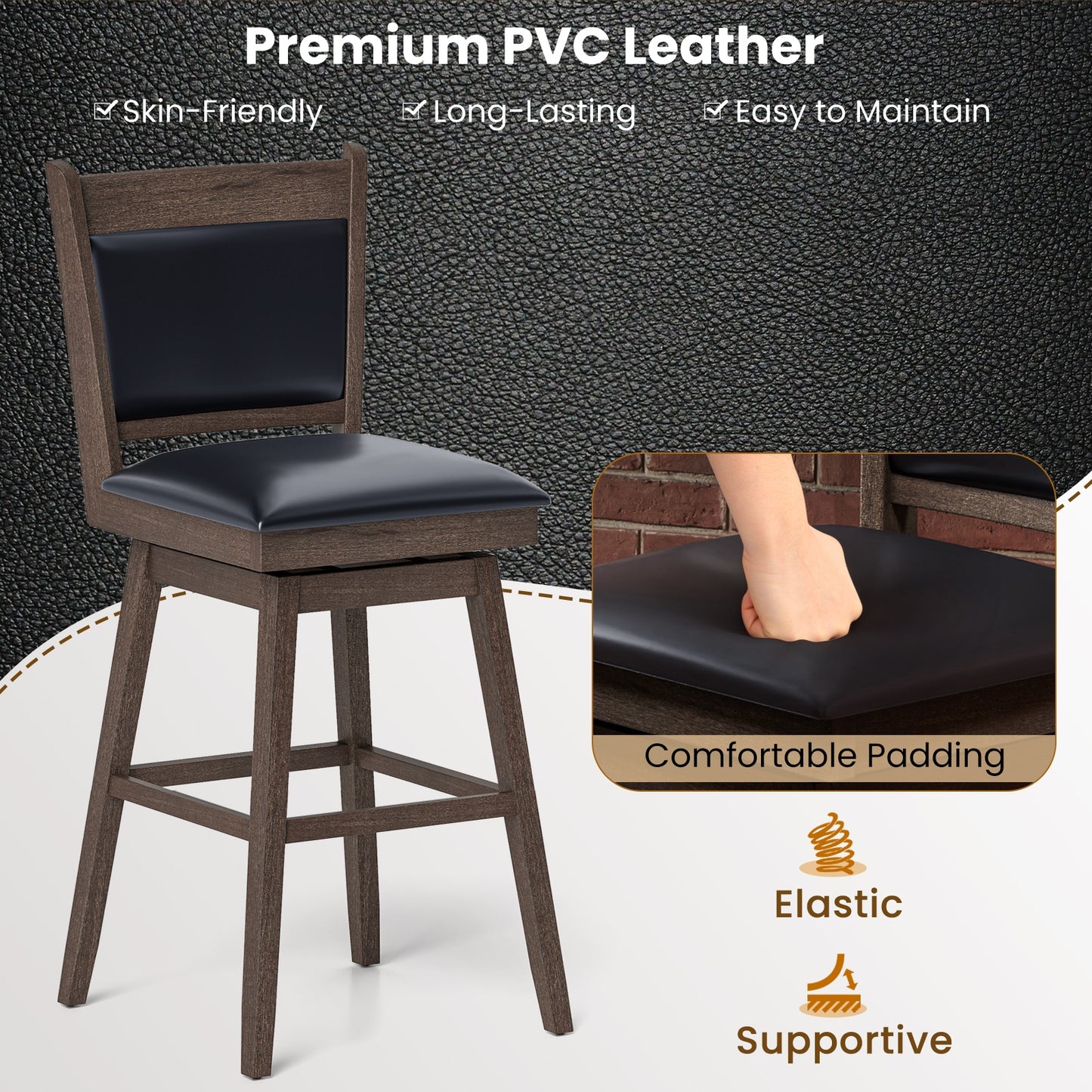 2-Piece Leather Padded Bar Stool Set with 29 Inch Swivel Seat and Footrest