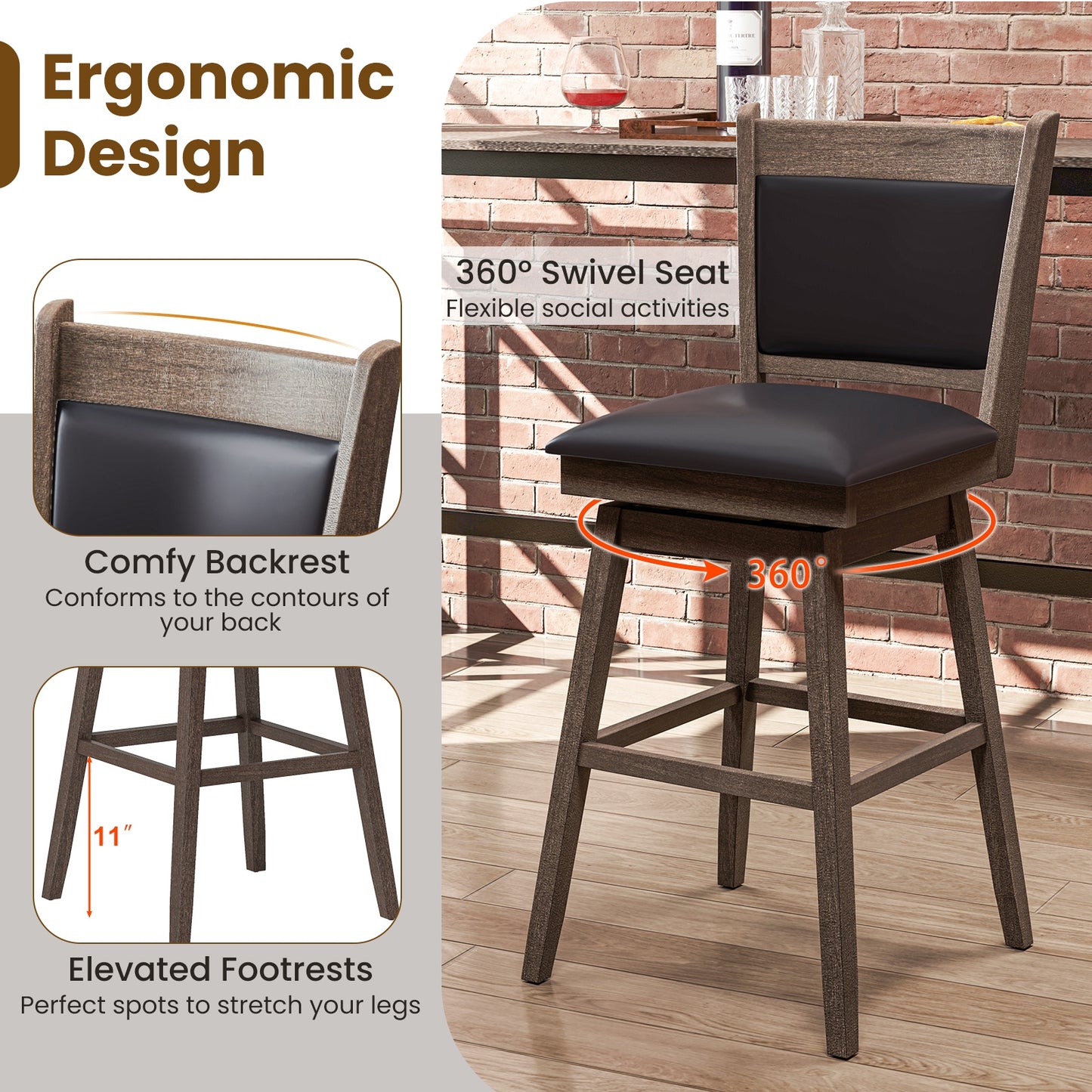 2-Piece Leather Padded Bar Stool Set with 29 Inch Swivel Seat and Footrest